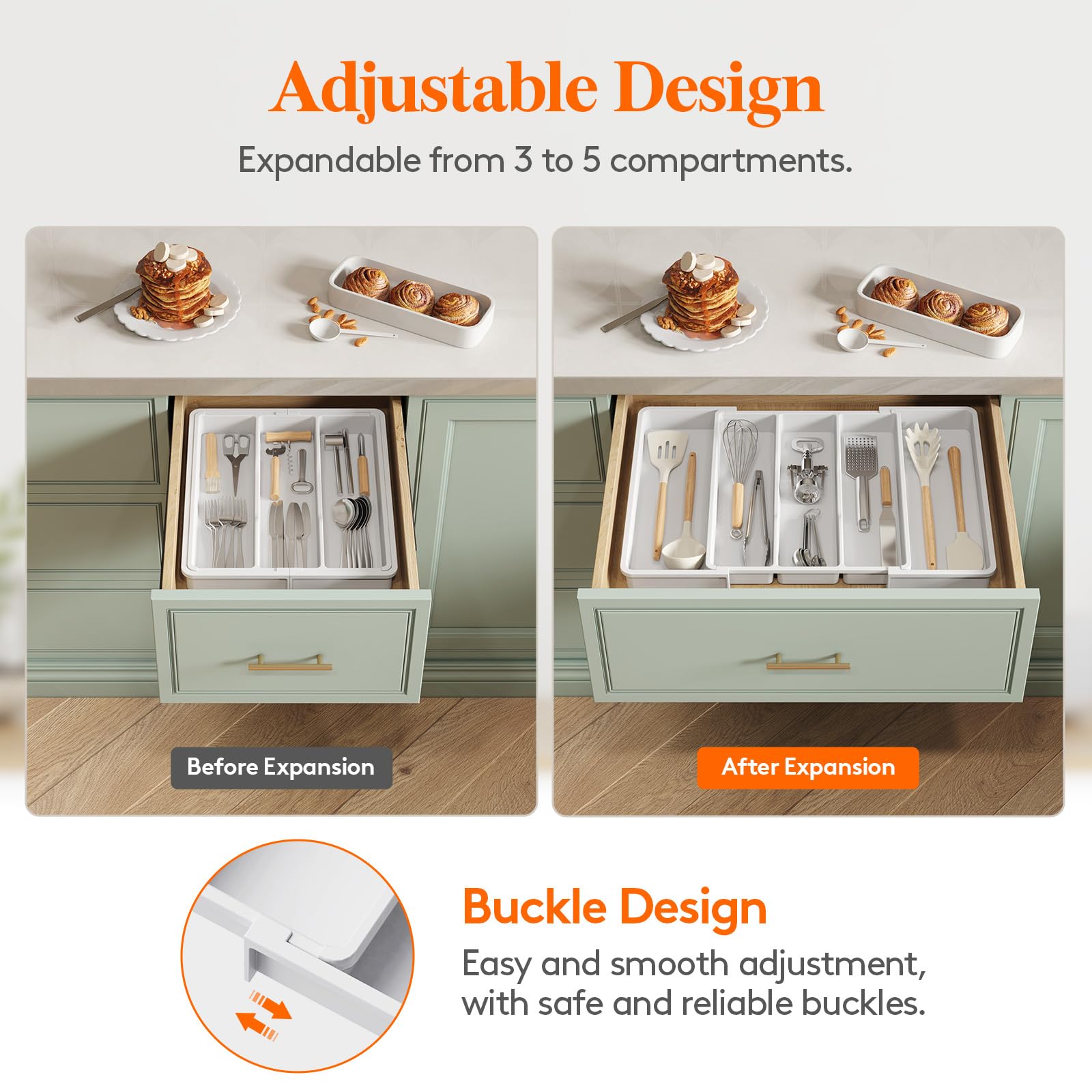 Lifewit Utensil Drawer Organiser, Expandable Large Cutlery Tray for Kitchen, Adjustable Silverware Flatware Holder, Plastic Kitchen Spatula Tools and