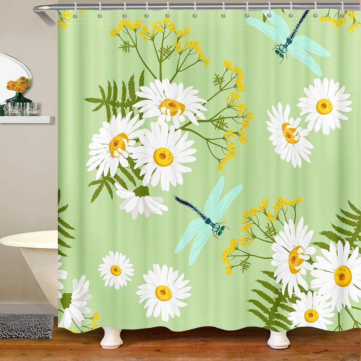 Loussiesd Girls Daisy Waterproof Shower Curtain White Floral Bathroom Kids Boys Dragonfly Blossom Flowers with Hooks Botanical Curtains,180x180cm