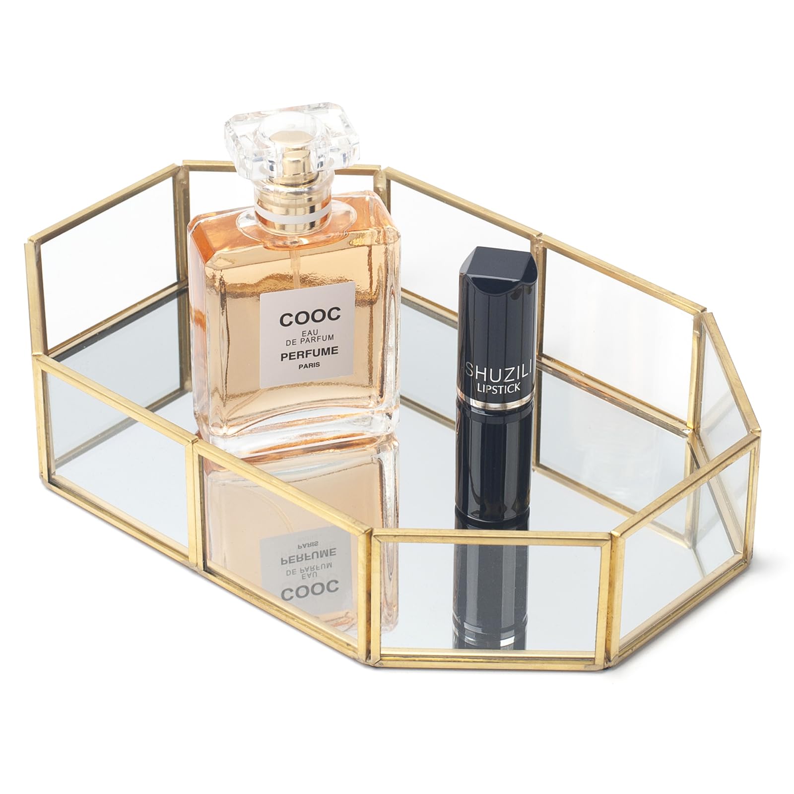 Gold Mirror Tray, Glass Perfume Tray, Perfume Organiser, Decorative Makeup Organiser for Vanity, Dresser, Bathroom, Bedroom (Rectangular, S)