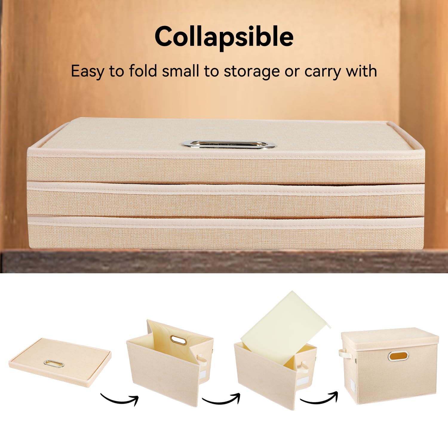 Voova Large Collapsible Storage Bins with Lids,3 Pack Stackable Linen Fabric Cube Storage Organizer,Foldable Closet Storage Boxes Baskets Containers