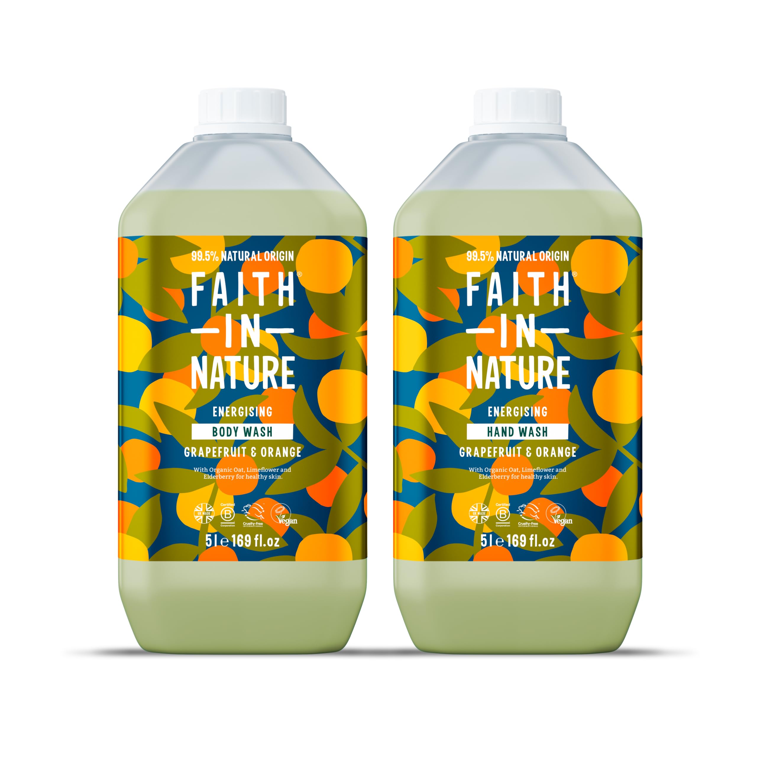 Faith In Nature Natural Grapefruit & Orange Hand Wash and Body Wash Set, Vegan & Cruelty Free, No SLS or Parabens, 2 x 5L Pack