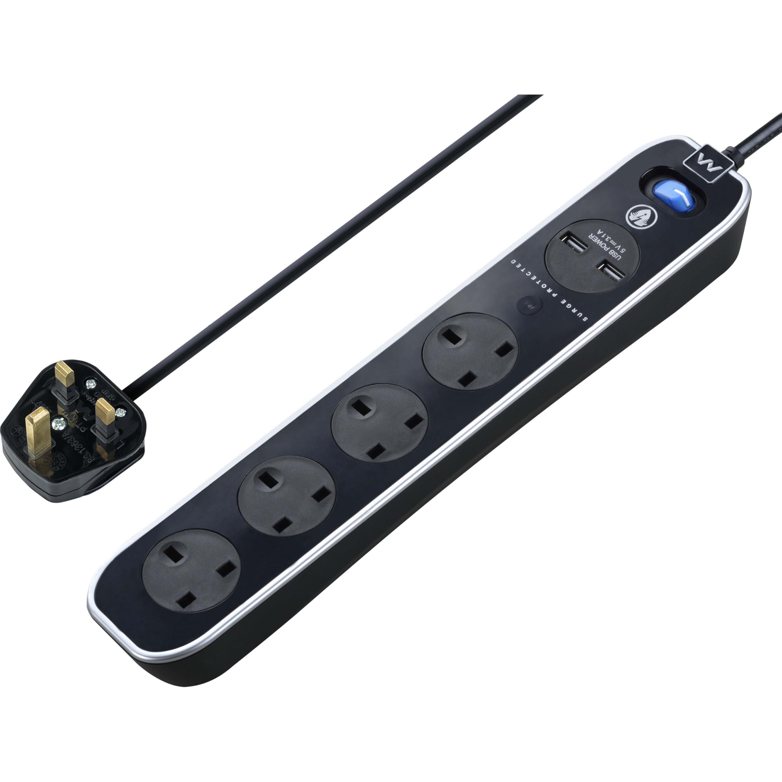 Masterplug Four Socket Switched Inline Power Surge Protected Extension Lead with Two USB Charging Ports, 2 Metres, Gloss Black