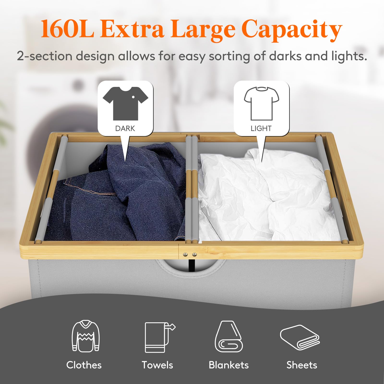 Lifewit 160L Double Laundry Hamper with Lid, Extra Large Bamboo Laundry Basket Dirty Clothes Hamper, 2 Section Laundry Bin Organizer for Laundry Room