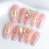 Sun&Beam Nails Handmade Long Coffin Ballerina Pink False Nail Tips with Cute 3D Spinning Butterfly Popular Charm Design Press On Nails 10 Pcs (#45 L)