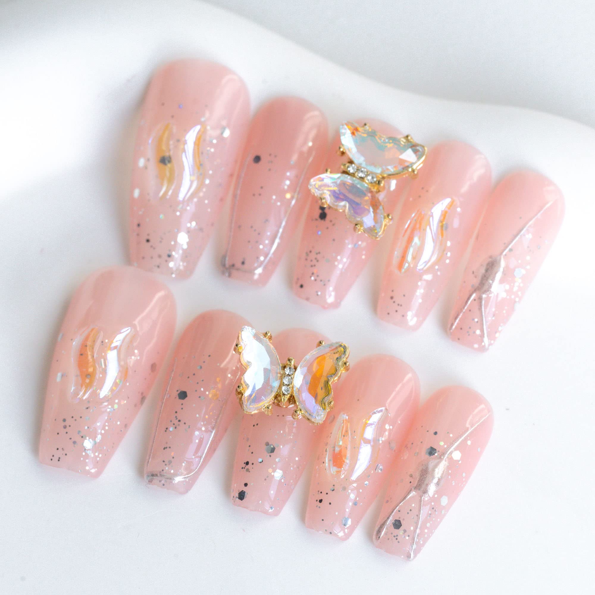 Sun&Beam Nails Handmade Long Coffin Ballerina Pink False Nail Tips with Cute 3D Spinning Butterfly Popular Charm Design Press On Nails 10 Pcs (#45 L)