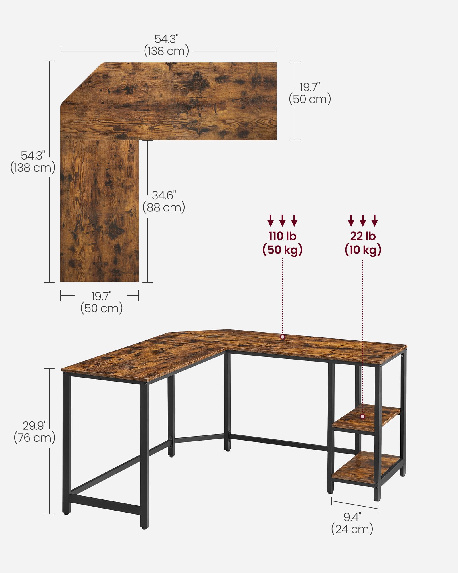VASAGLE Computer Desk, L-Shaped Corner Desk, Gaming Desk, Workstation with 2 Storage Shelves for Home Office, Space-Saving, Easy to Assemble, Rustic