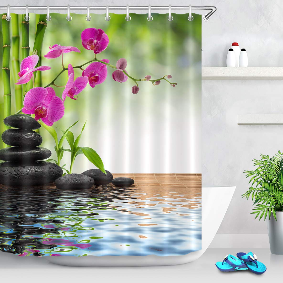 LB Zen Spa Shower Curtain Purple Orchid Green Bamboo Bathroom Curtains Polyester Anti Mould Waterproof Bath Curtain with Hooks,59x71 inches,Japanese