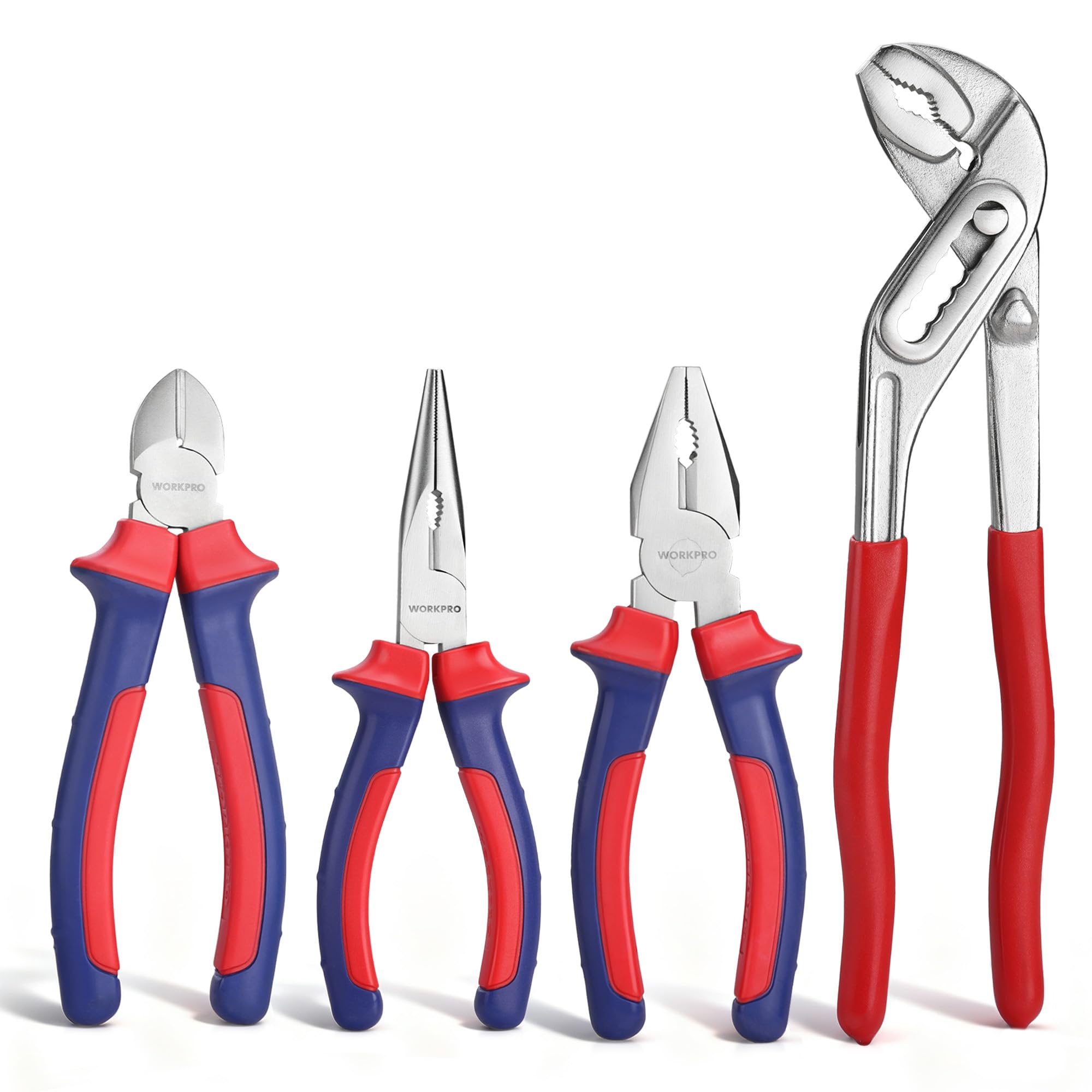 WORKPRO 4-Piece Pliers Set, 245 mm Water Pump Pliers, 160 mm Long Nose Plier, 160 mm Combination Plier, 160mm Side Cutter, Bi-Material Soft Handle,