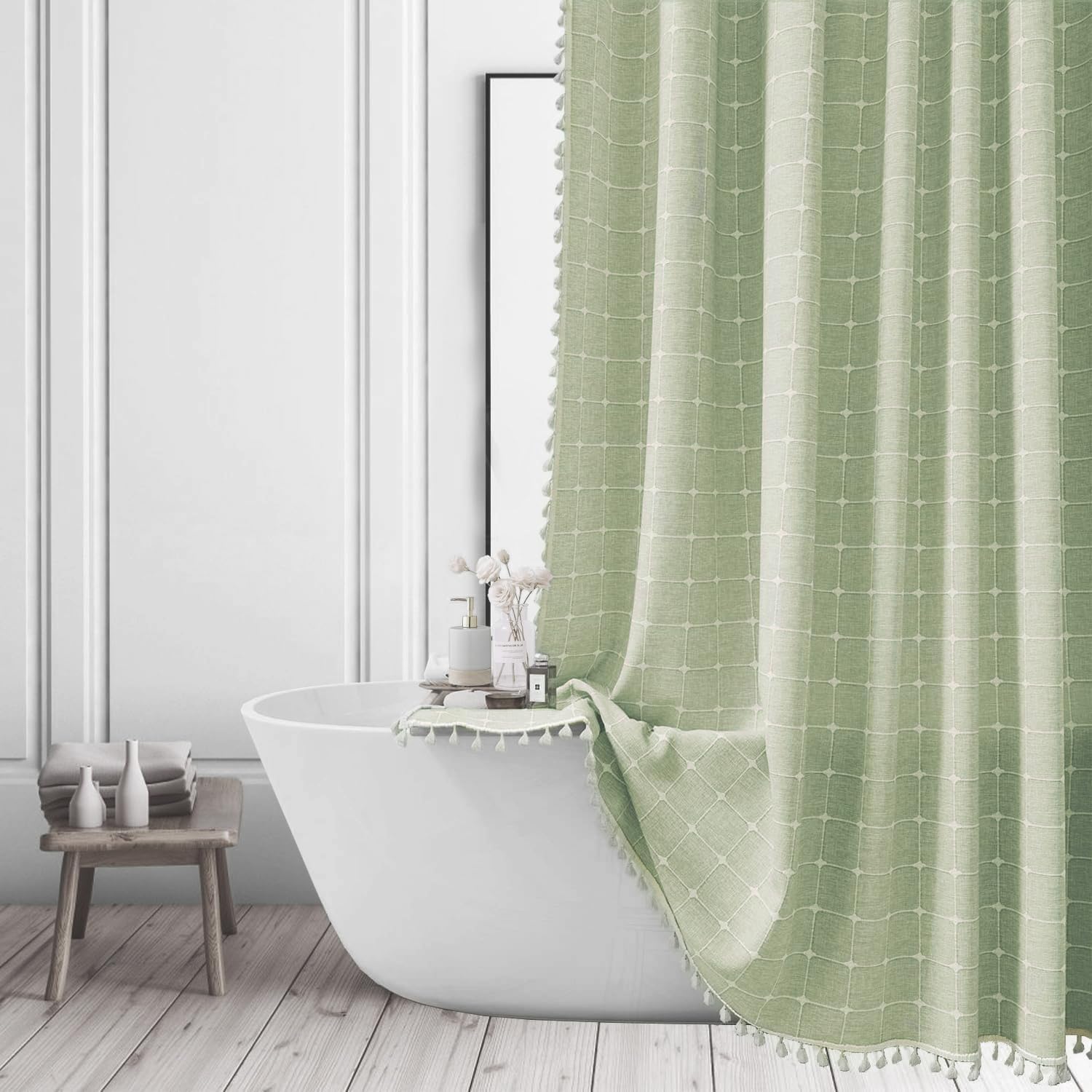 ggaimwf Sage Green Shower Curtain Farmhouse Bohemian Modern Linen Fabric Shower Curtains for Bathroom French Country Heavy Duty Bathroom Curtain Set