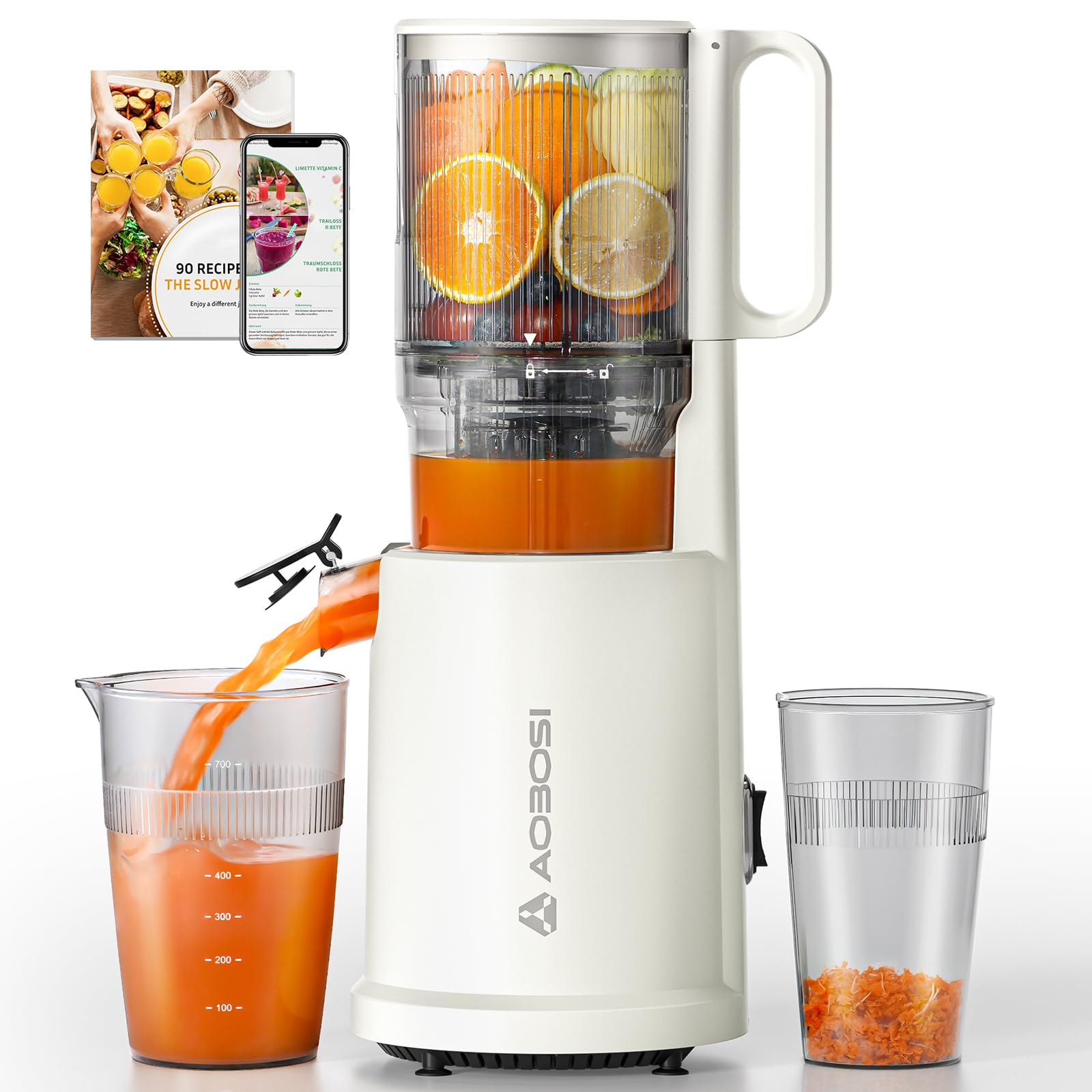 AOBOSI Juicer Machines, 135mm Feed Chute Cold Press Juicer for Whole Fruits and Vegetables - 1.5L Capacity 200W Slow Juicer with Upgraded Auger,