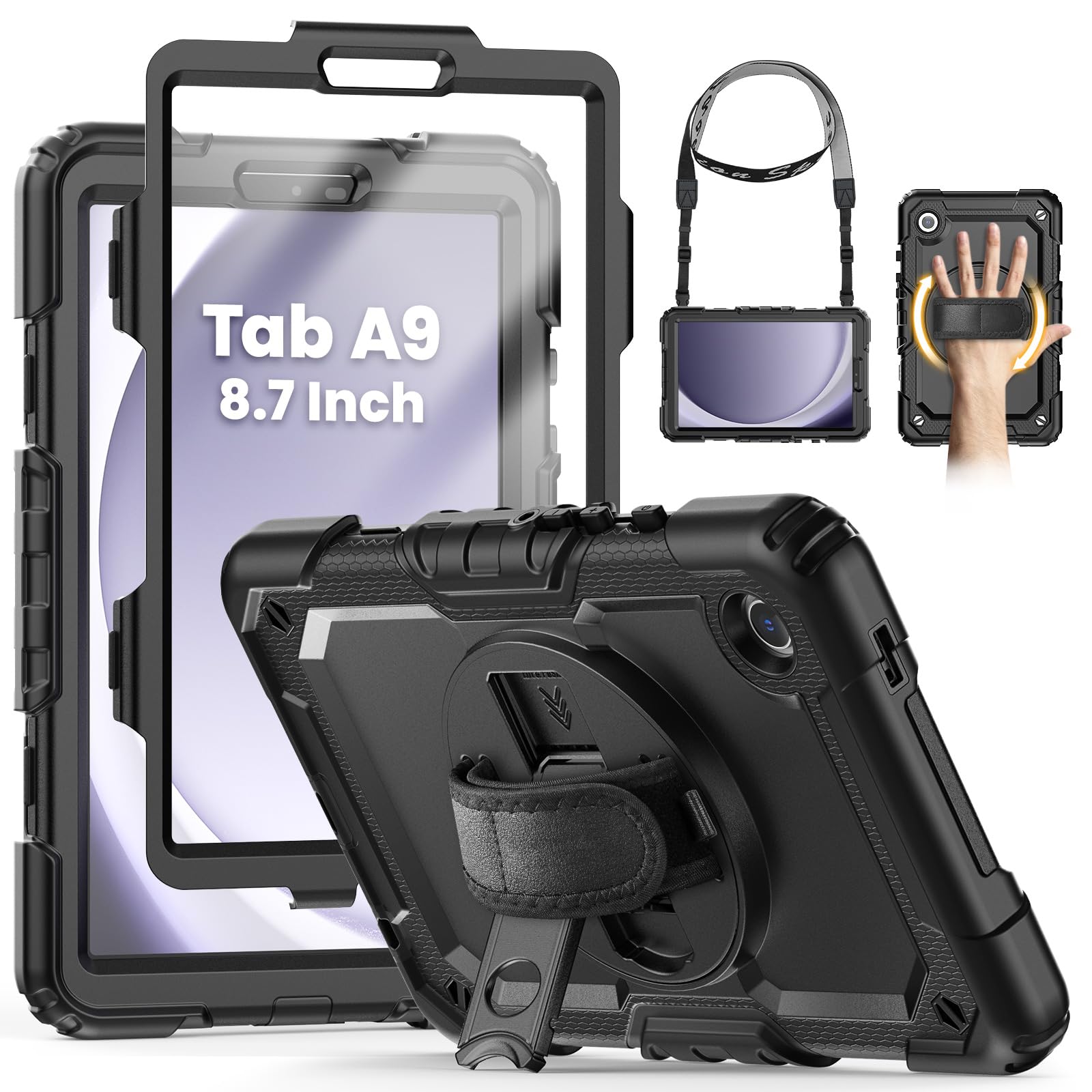 SEYMCY Case for Samsung Galaxy Tab A9 8.7 inch 2023, Full Body Shockproof with Screen Protector, 360? Rotating Hand Strap & Stand, Shoulder Strap for