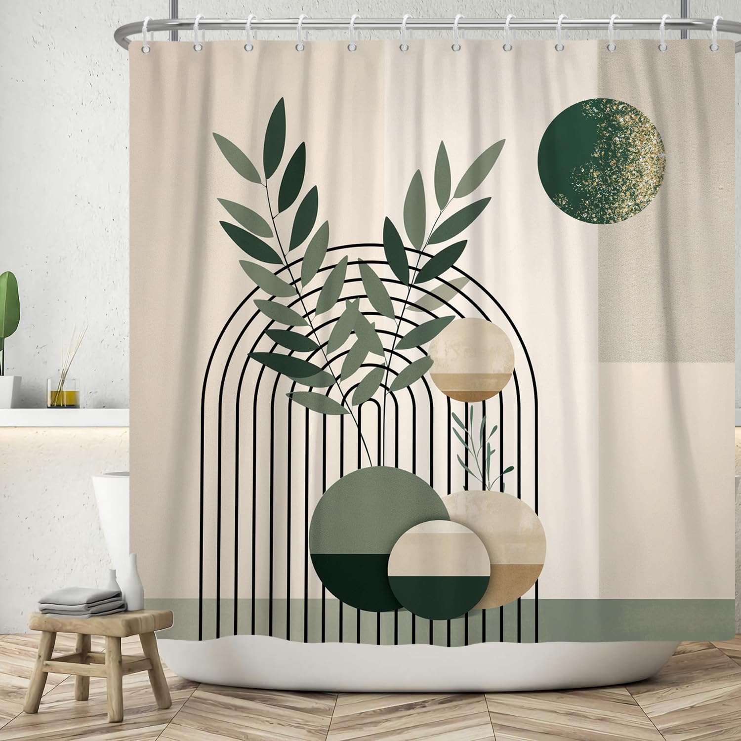 ASDCXZ Boho Shower Curtain 180x220 cm, Modern Abstract Art Boho Style Retro Sun Green Leaves Beige Bath Washable Shower Curtains Polyester Textile