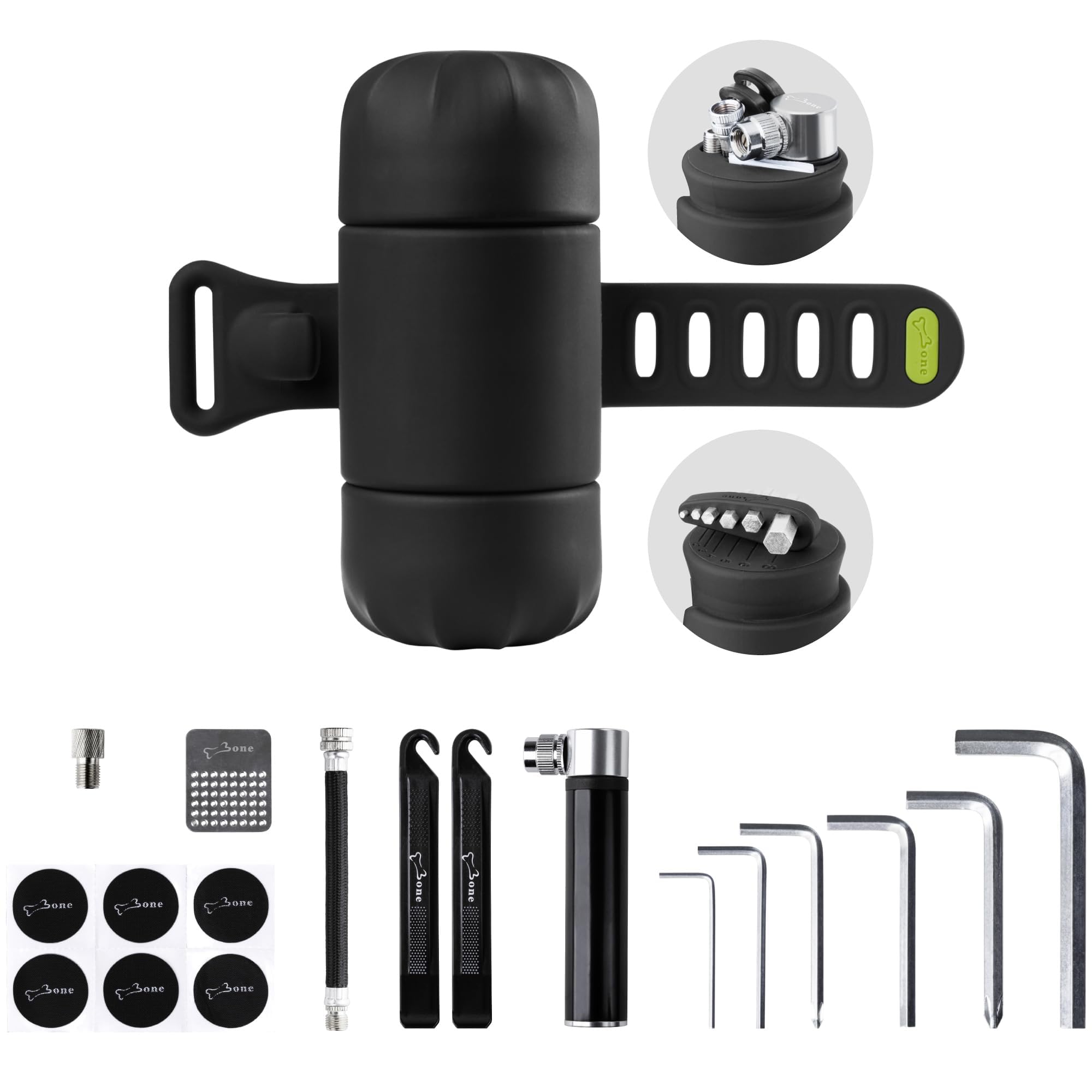 BONE】Portable Bike Repair Capsule, 14-in-1 Bicycle Repair Tool Kit, Mountain/Road Bike maintenance with Tire Pump & Wrench Tool Kit, Bike Accessories for Cycling, Emergency Bike Repair Bag