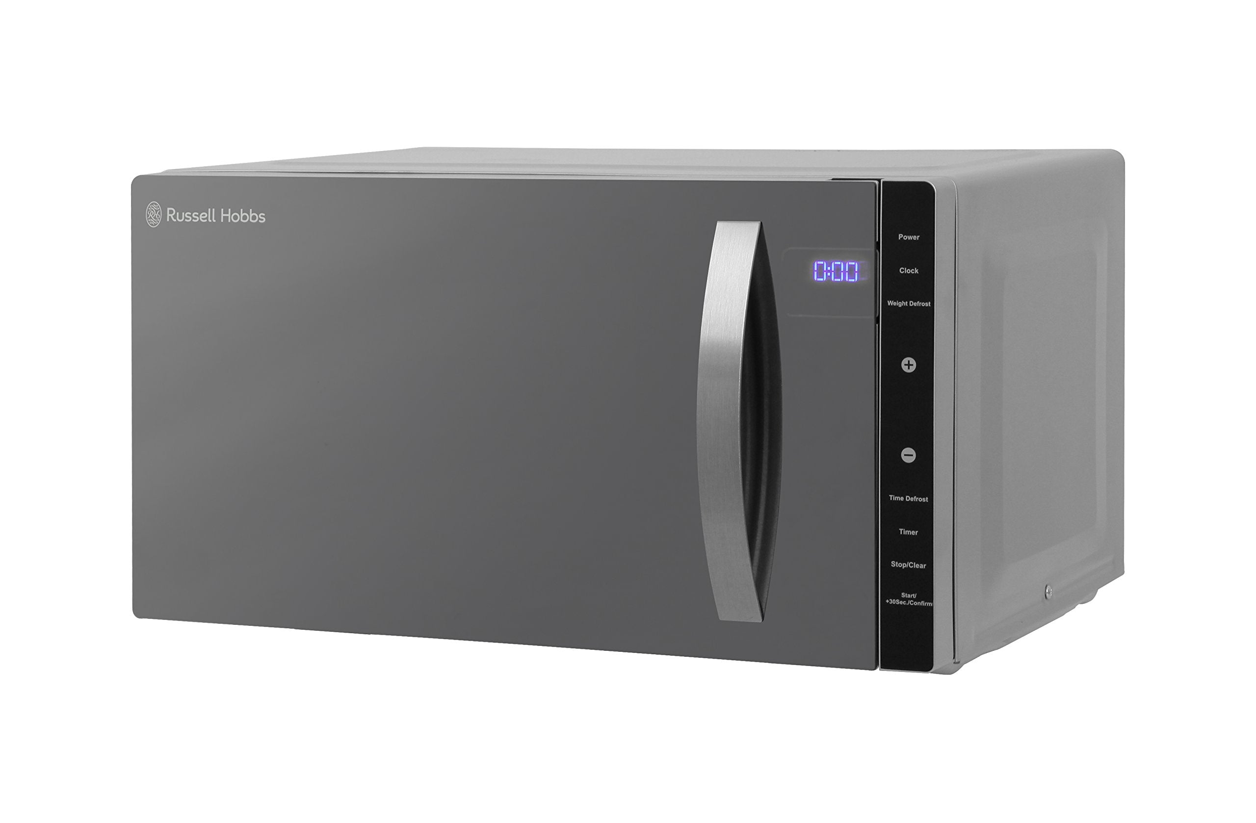 Russell Hobbs RHFM2363S 23 L 800 W Silver Digital Flatbed Solo Microwave with 5 Power Levels, 8 Auto Cook Menus, Easy Clean, Clock and Timer,