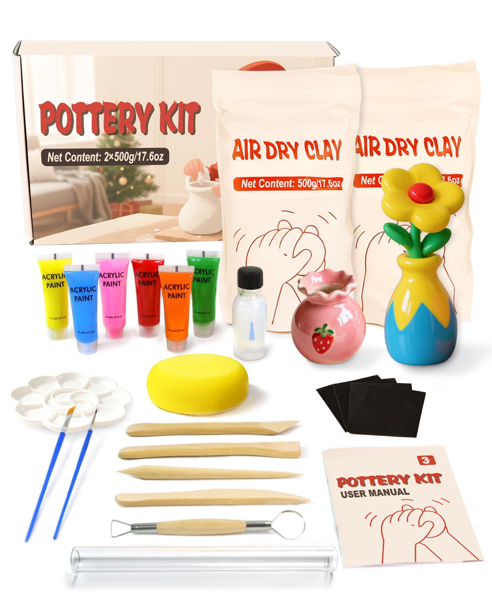 Velozenithize Pottery Kit, 1 kg Air Dry Clay for Adults Contains Six Paints, 20 ML Air Dry Clay Glaze, for Beginners and Adults