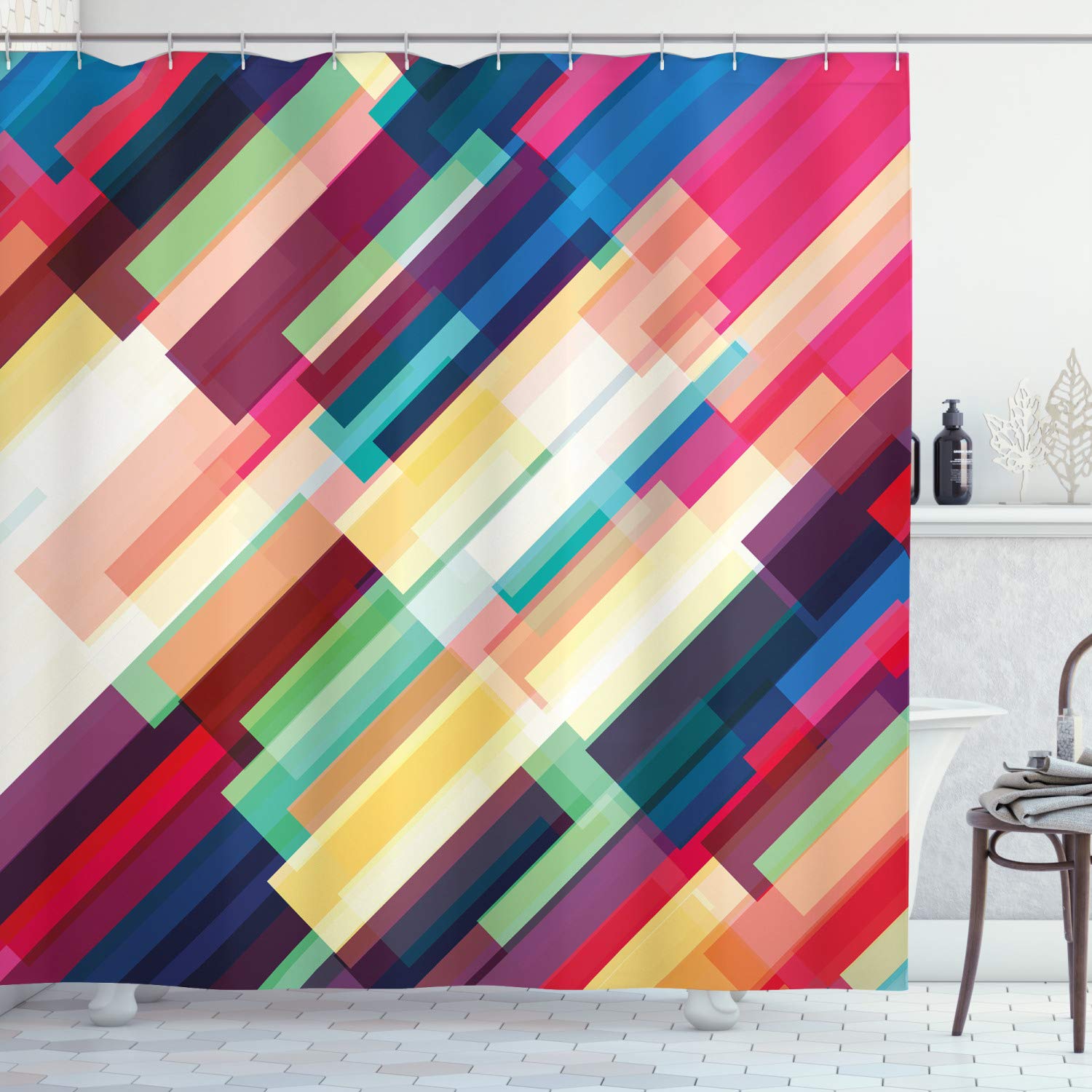 ABAKUHAUS Abstract Shower Curtain, Futuristic Geometric Pattern Design with Colorful Stripes Modern Technologic Print, Cloth Fabric Bathroom Decor Set