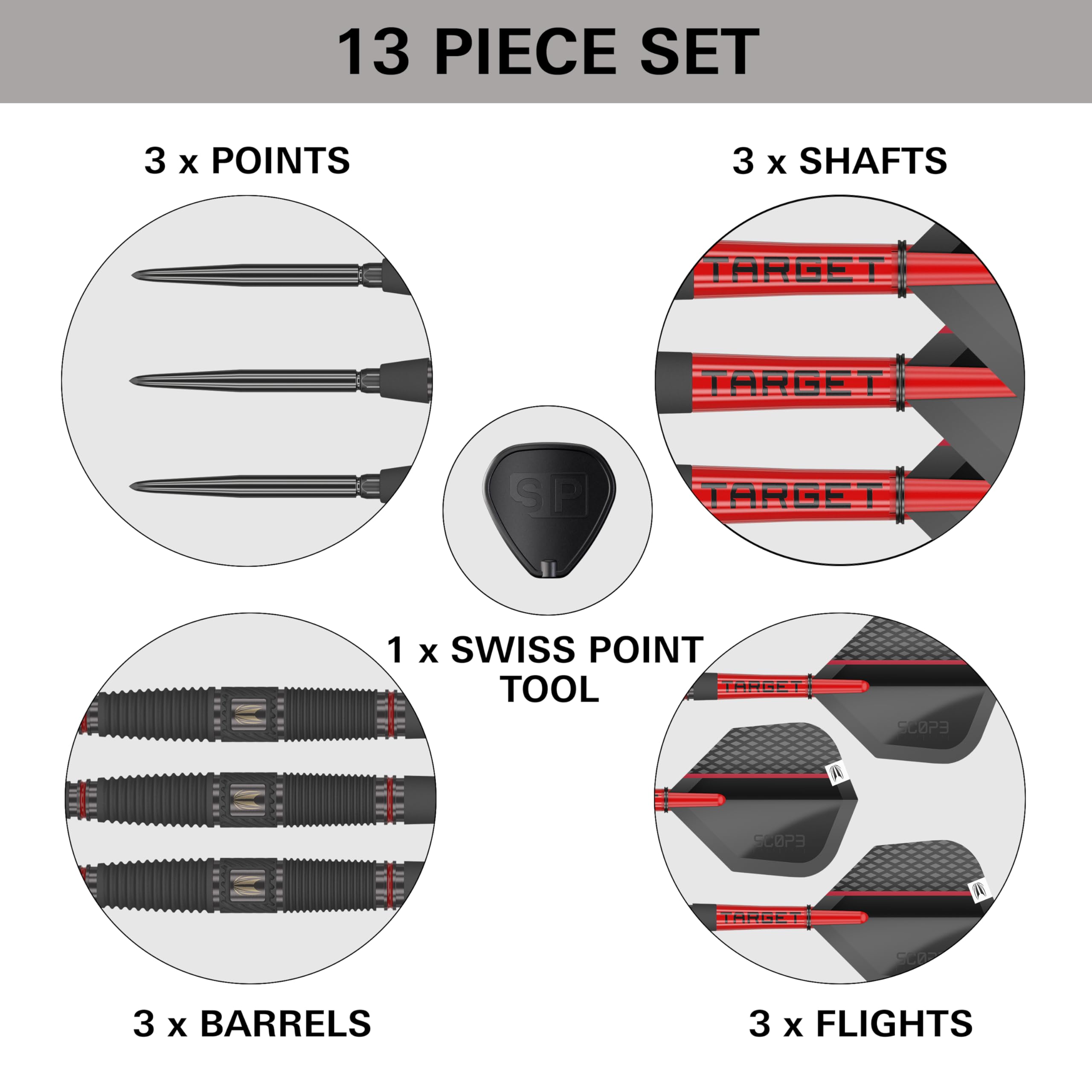 TARGET Darts Scope Steel Tip Swiss Point Darts, 90% Tungsten Dart Set, Barrel 04-24G | Steel Tip Dart Sets, Red & Black Darts, Professional Dart Set