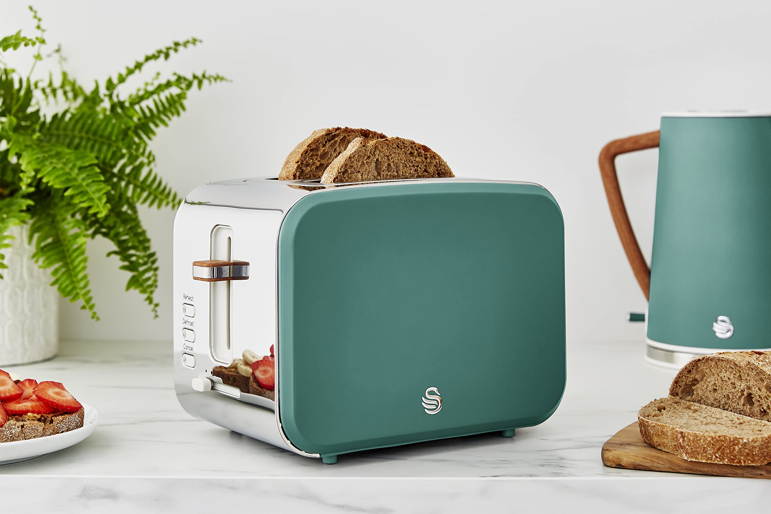 Swan ST14610GREN Nordic 2-Slice Toaster with Defrost/Reheat/Cancel Functions, Cord Storage, 900W, Green