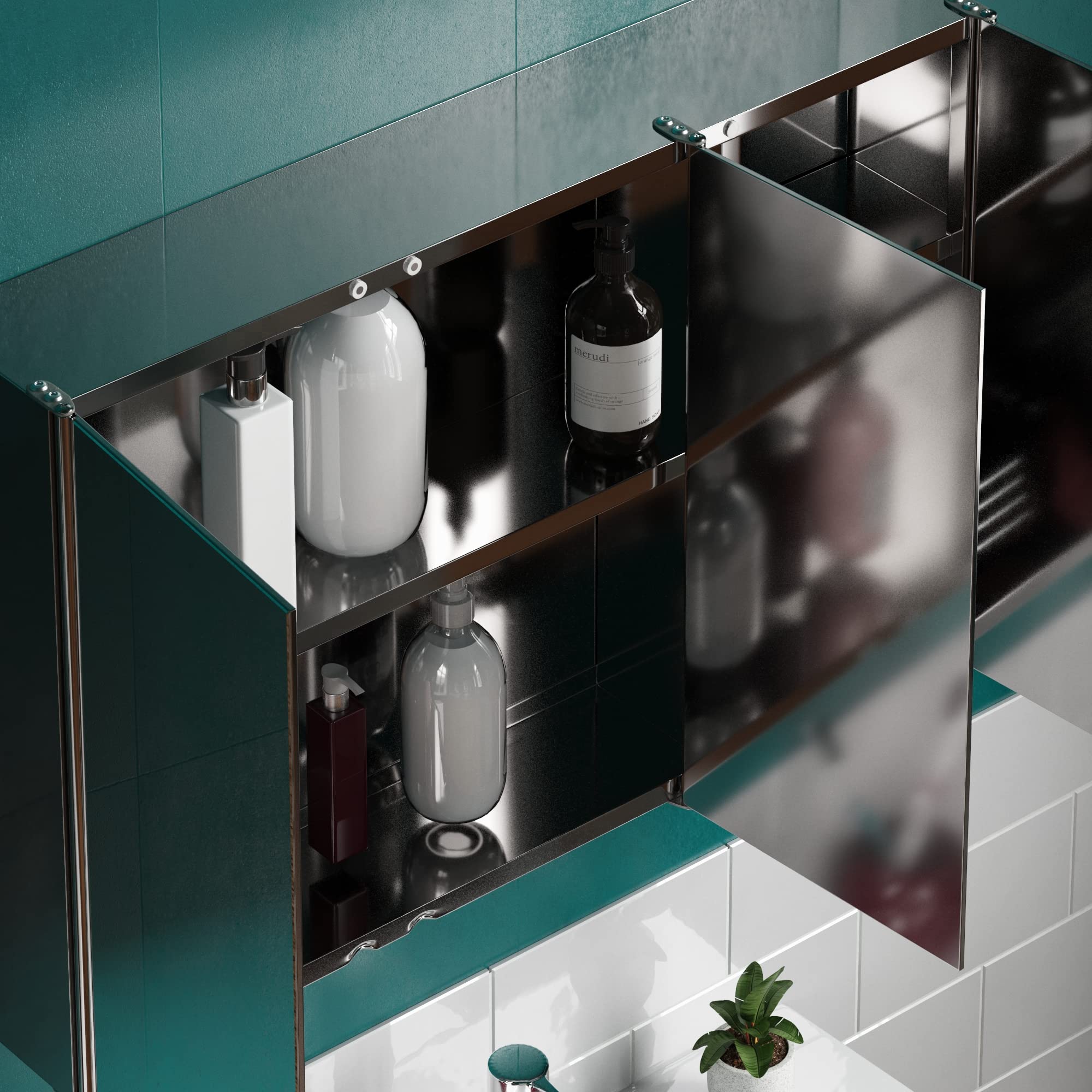 Bath Vida Tiano Bathroom Cabinet Triple Mirror Wall Mounted Stainless Steel Modern Storage Cupboard Unit