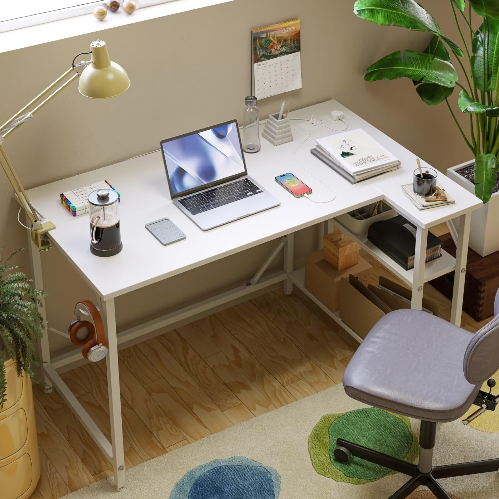 DOMSHOCT L Shaped Desk with Power Outlets&Hooks, 100x70cm Corner white Vanity Table Computer PC Desk, Large Storage Reversible Shelves, Home Office