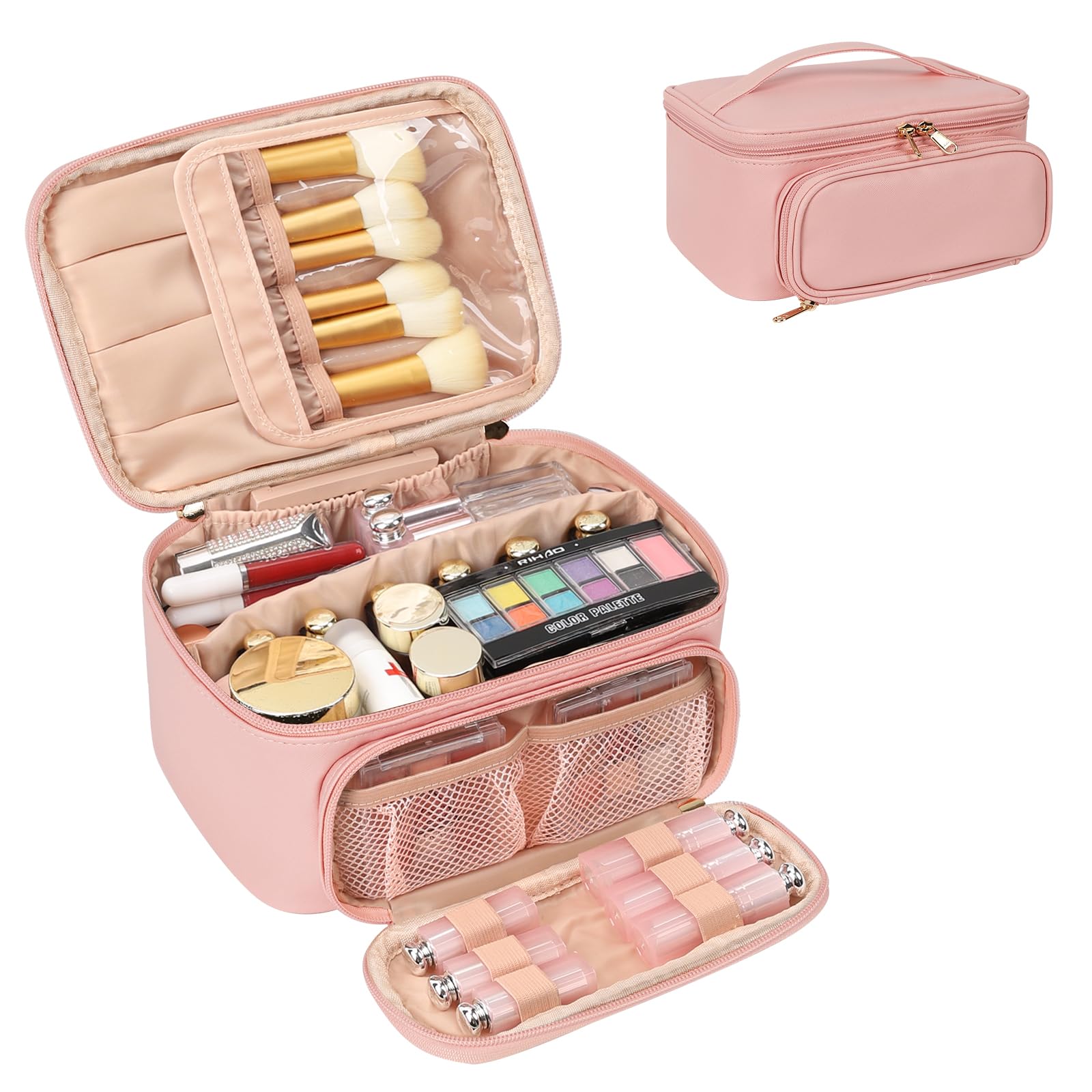 Travel Makeup Bag, Portable Cosmetic Bag with Makeup Brush Organiser Large Capacity Make up Case Water-Resistant Toiletry Bag for Women Travel