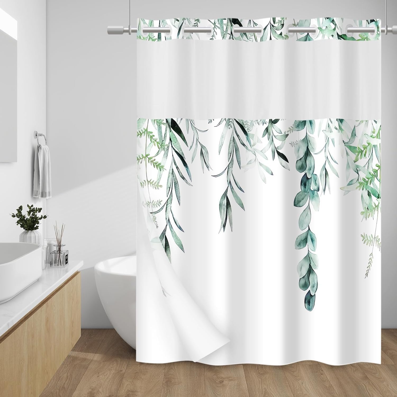 ALINK No Hook Shower Curtain with Snap in Liner - Floral Shower Curtain - Fabric Waterproof Inner Liner, Plants Navy Blue Flowers Modern Cloth Shower