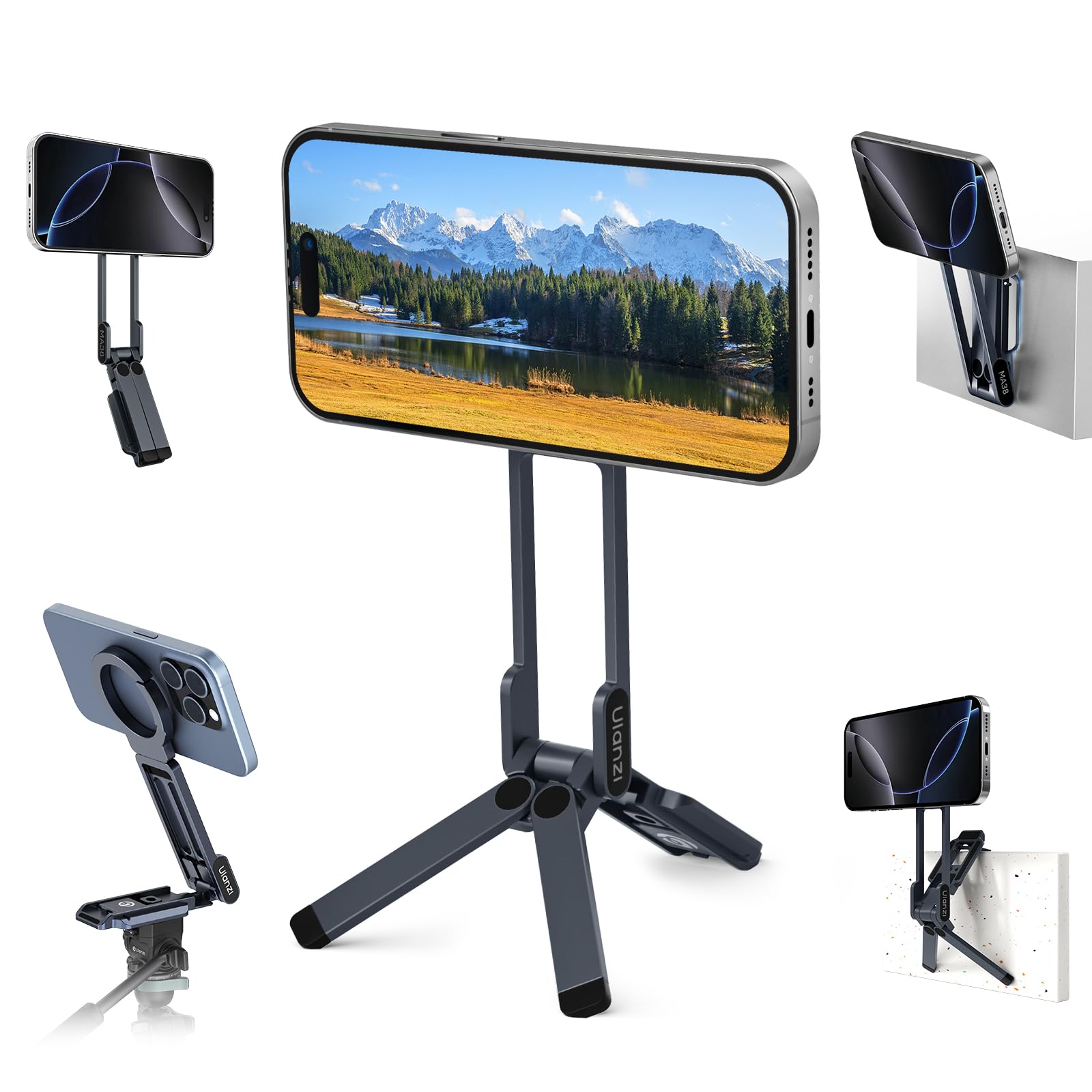 ULANZI MA38 4-in-1 Magnetic Phone Tripod Aluminum, Carabiner-Shaped Maglock, Foldable Smartphone Stand, Double Magnet Pocket Tripod, Mini Selfie Stick