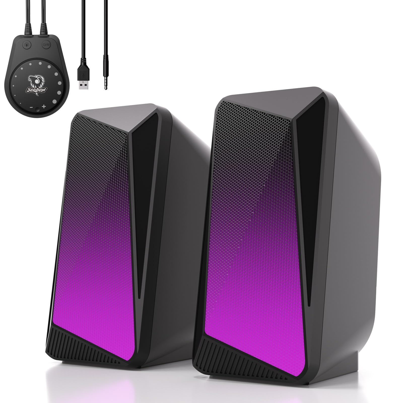 SOULION C30 Bluetooth PC Speakers for Desktop Computer, Monitor, Laptop, Gaming, 3.5mm Aux input, USB Powered, Colourful LED Lighting, Stereo 2.0, 1