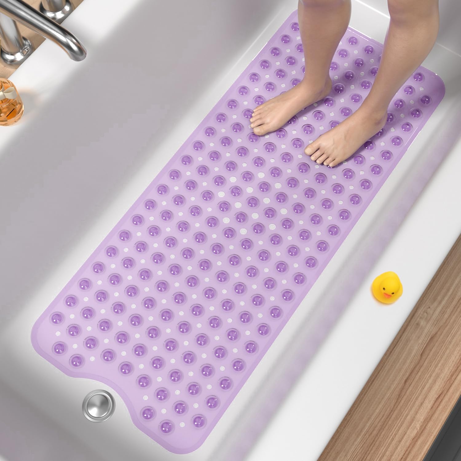 HITSLAM Non Slip Bath Mat for Tub, 101 x 40cm Extra Long Shower Mat Anti Mould, Machine Washable Bathroom Bathtub Mat with Suction Cups and Drain
