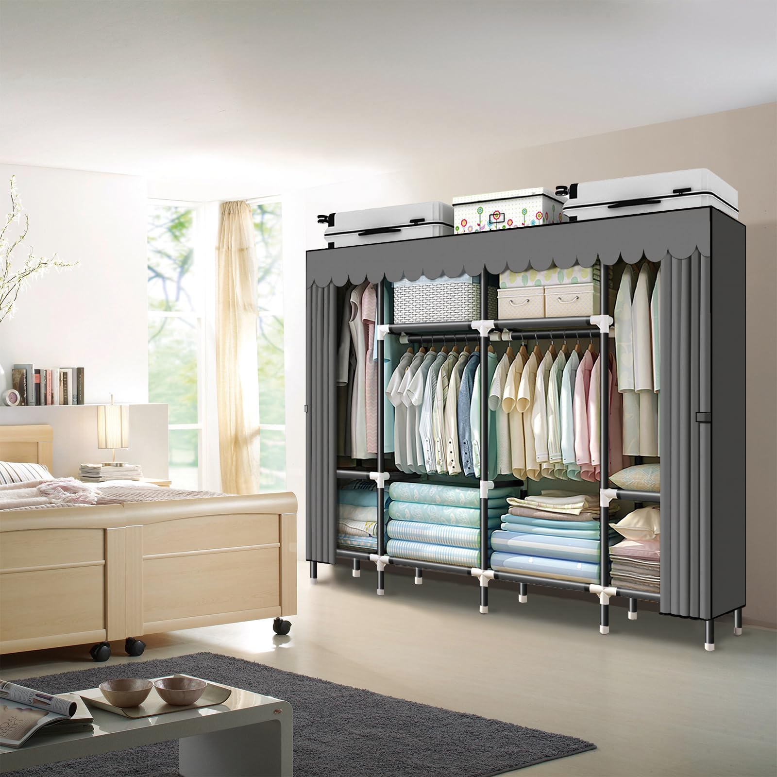 HESMENO Portable Wardrobe, Clothes Closet Storage Organizer with Hanging Rail & Shelves, Foldable Closet with Cloth Cover Quick and Easy to Assemble,