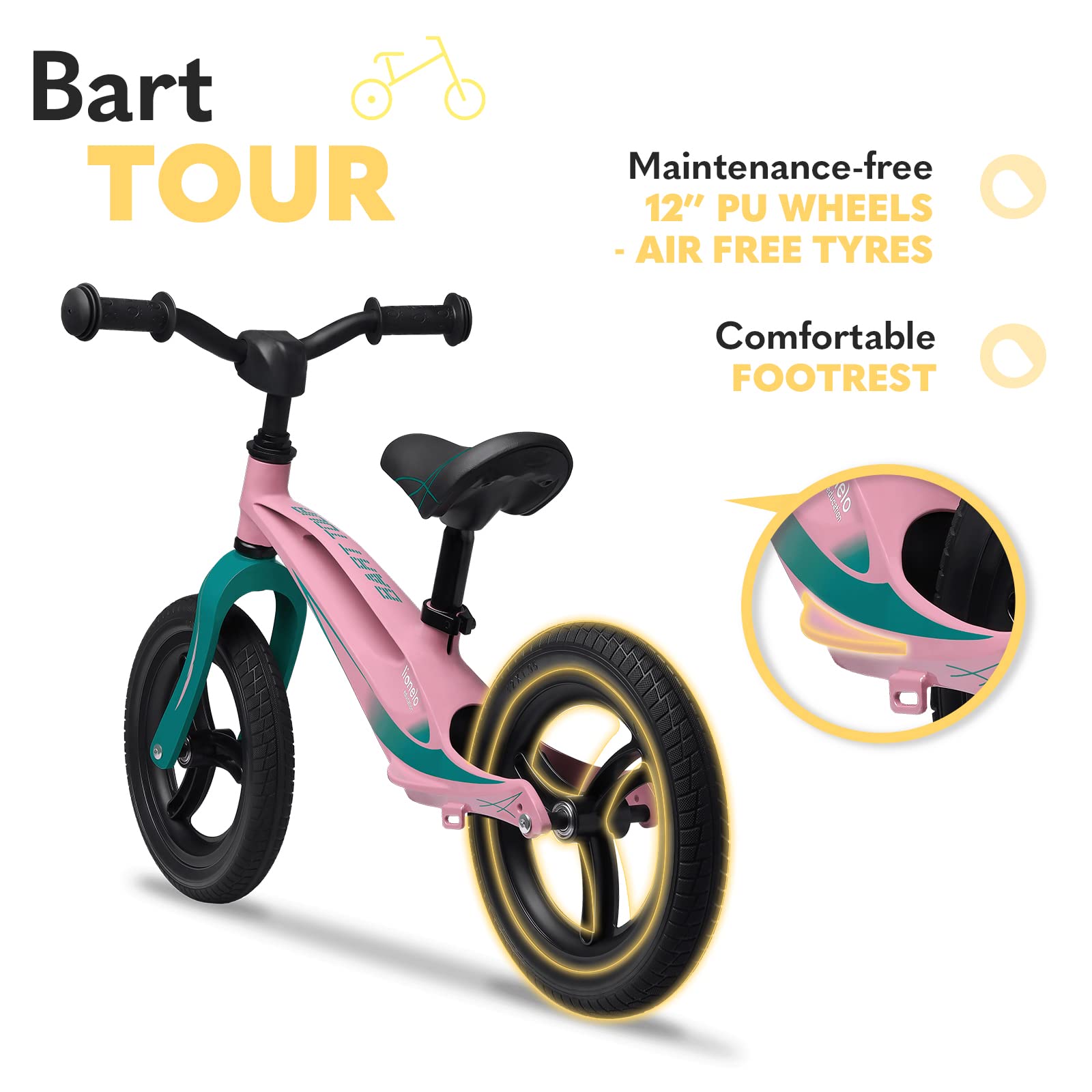 lionelo Bart Tour Wheels From 2 Years Up To 30 Kg, Magnesium Frame, Sporty Style, Maintenance Free Pu 12" Wheels, Height Adjustable Handlebars And