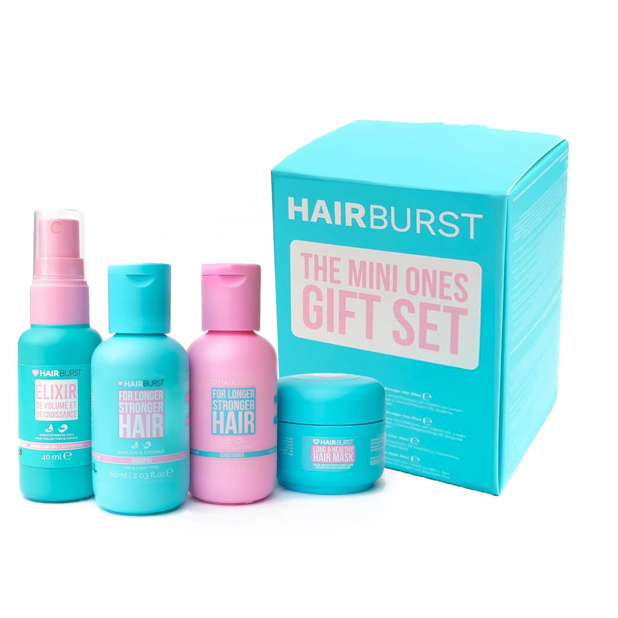 HAIR BURST Travel Gift Set - Mini Shampoo & Conditioner Set, Nourishing Mask and Volumising Elixir for Longer, Stronger and Healthier Hair Perfect for