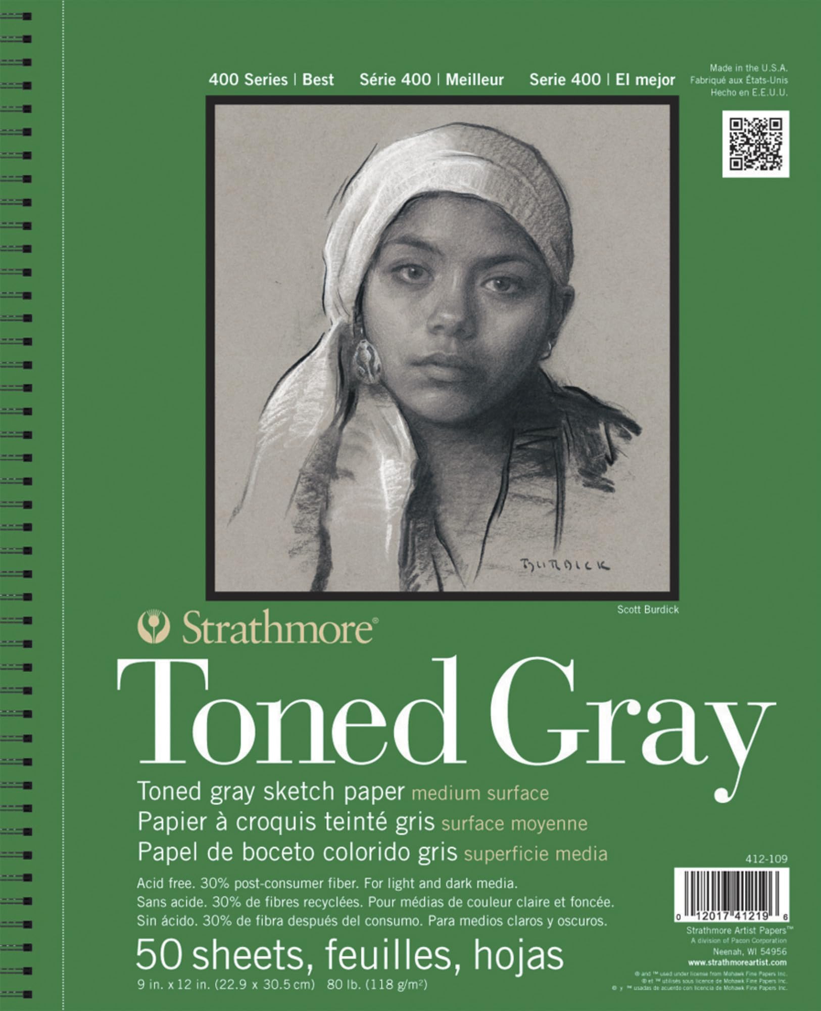 Strathmore 400 Toned 118gsm Paper Spiral Bound Sketchpad, Fine Grain, 9 x 12 in, 50 Grey Sheets, For Professionals & Students