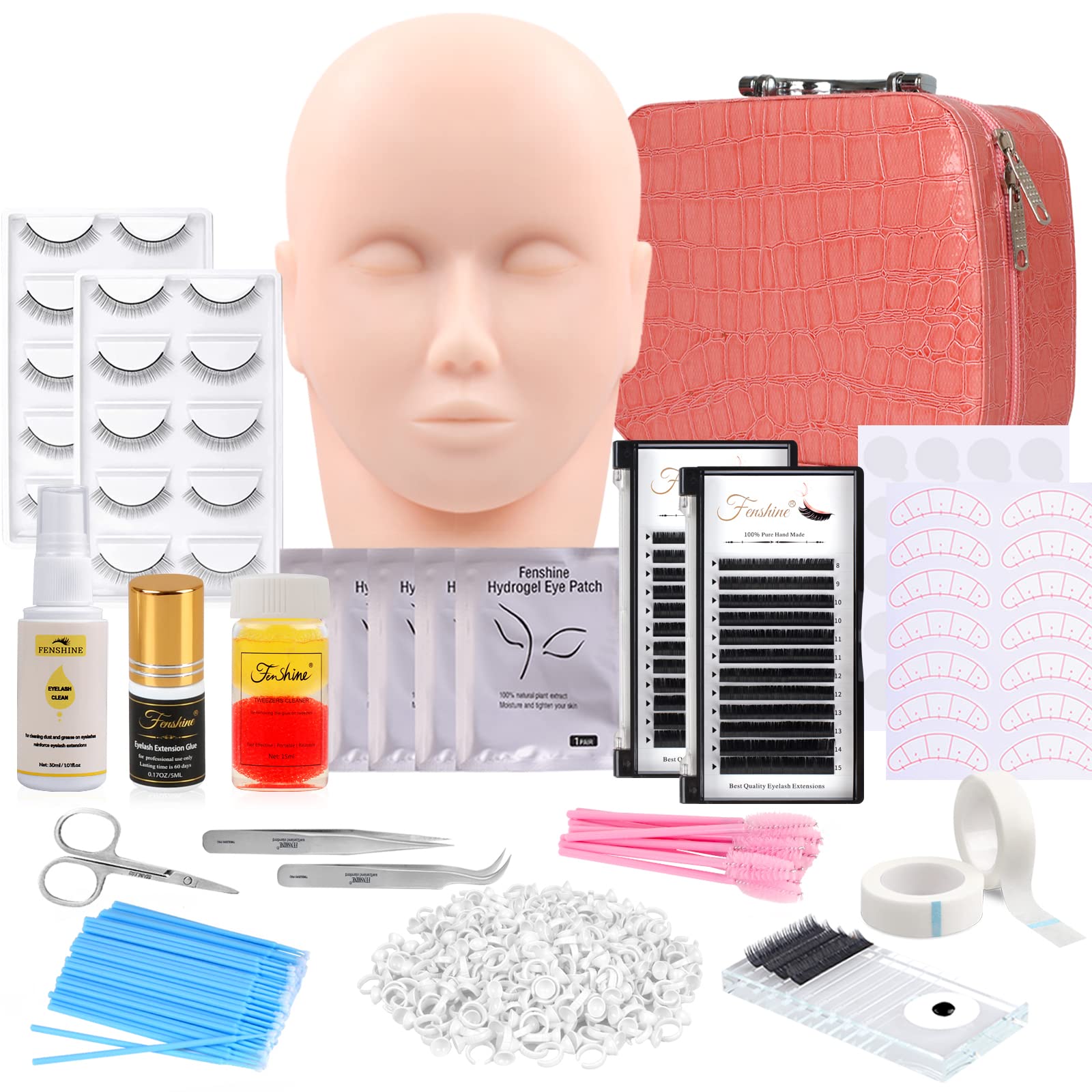 Eyelash Extension Kits, 17Pcs Professional Eyelash Grafting Training Tools Lashes Extension Practice Exercise Set with Mannequin Head Makeup Bag Glue