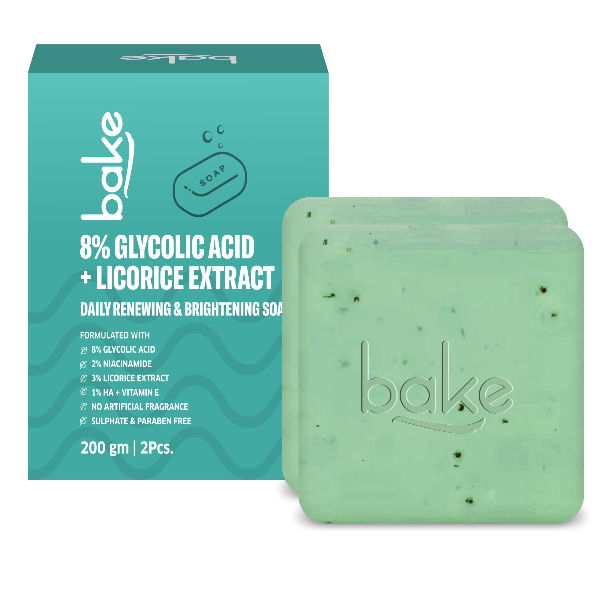 BAKE 8% Glycolic Acid Scrub Treatment Soap (200 Gms Pack Of 2) With 3% Niacinamide | For Pigmentation, Exfoliation, Tan Removal, Brightens Underarms |