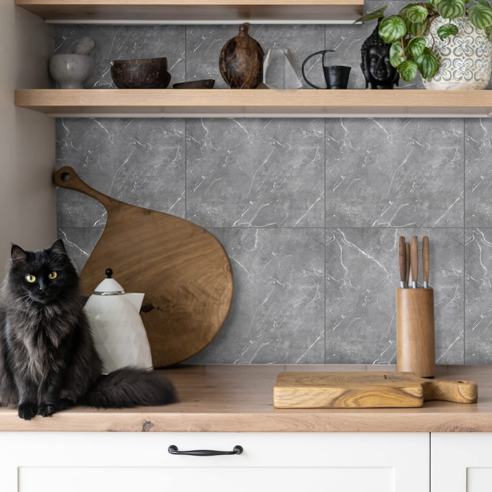 Fantasnight Marble Stick on Tiles 30 x 30cm 50Pcs, Grey Tile Stickers Self Adhesive Wall Tiles, PET Peel and Stick Wall Glossy Stickers for Kitchen