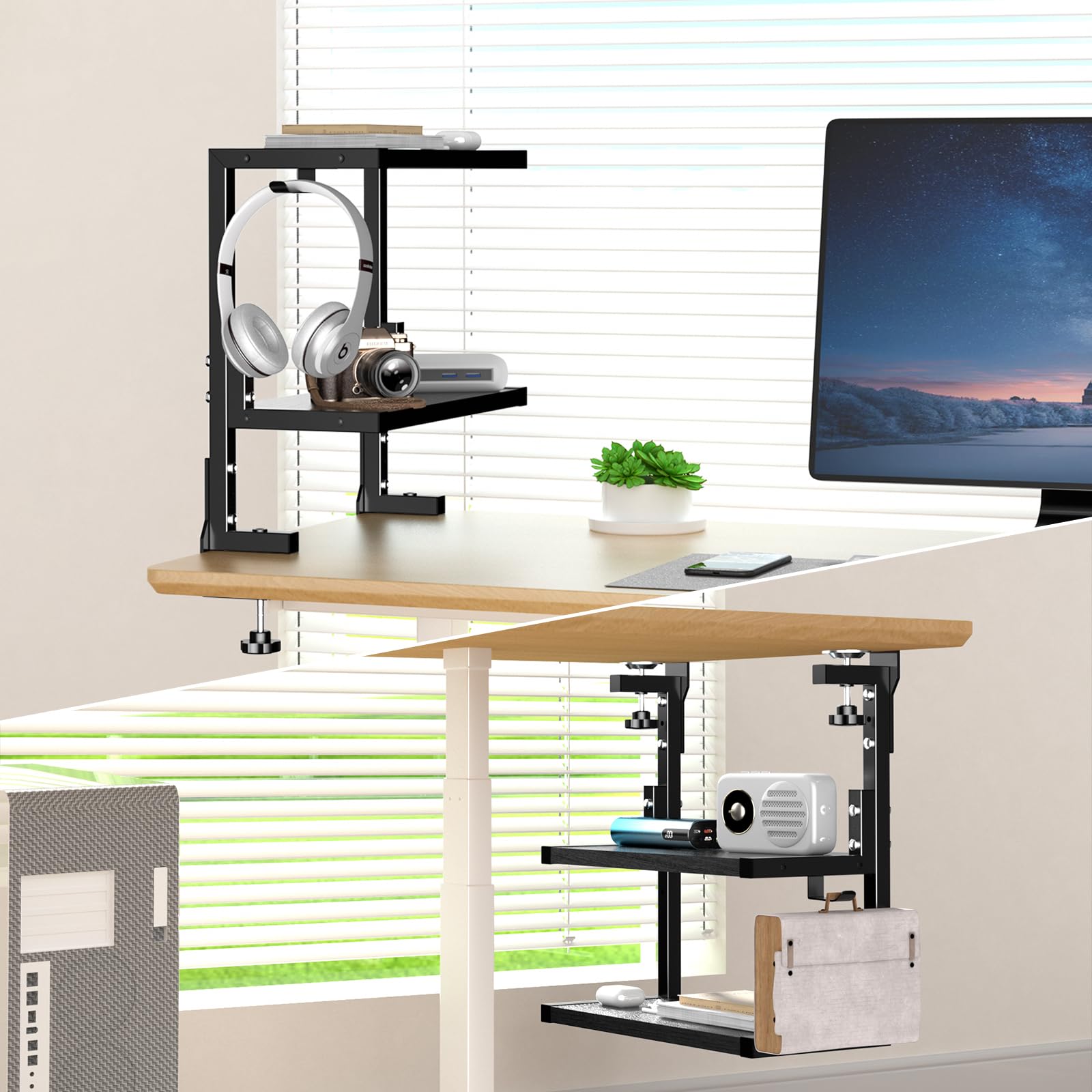 PUTORSEN 2-Tier Clamp-On Desk Shelf - Adjustable Height and Versatile Hook, Above or Under Desk Storage for Office & Gaming, Black