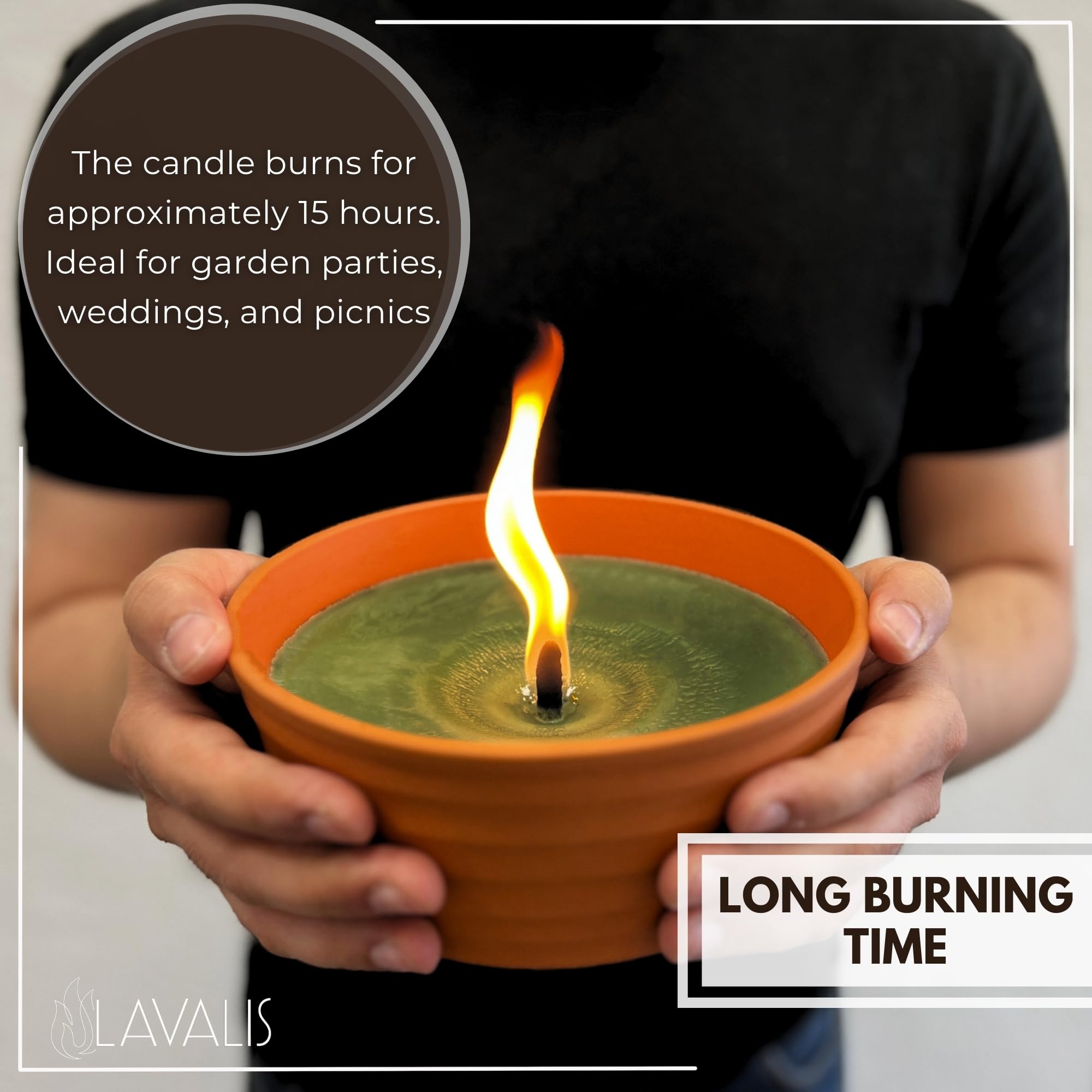 Lavalis - Large XXL Candle with Terracotta Bowl - Burn Time of 15 Hours - Garden Candle for BBQ, Wedding and Party - 18 cm Flame Height