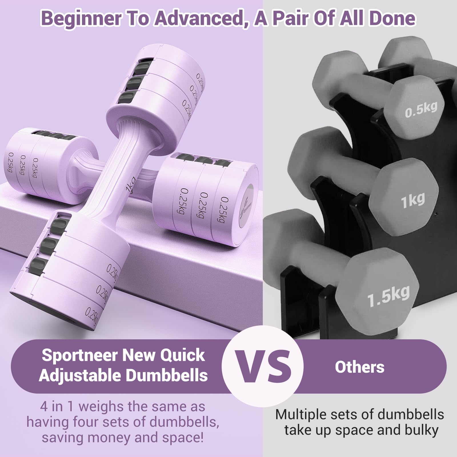Sportneer Adjustable Dumbbells Set: Each 1kg/1.5kg/2kg/2.5kg (2kg-5kg per Pair), 4-in-1 Dumbbells Set Women, Weights for Women, Adjustable Dumbbell