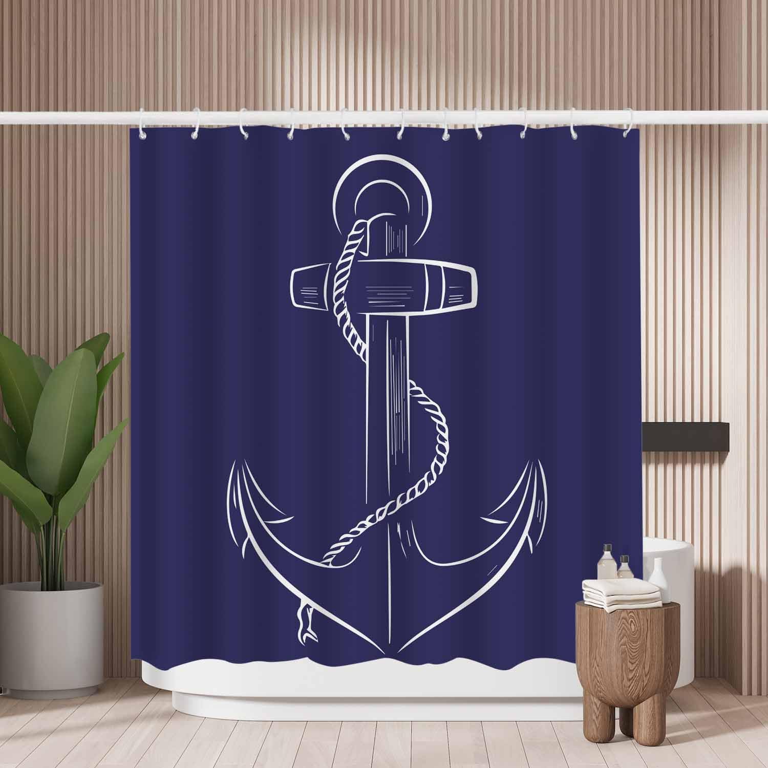 Woutay Shower Curtain Mould Proof Resistant Blue Anchor,Water Repellant Fabric,Polyester,with 12 Plastic Hooks,Size 180x180CM