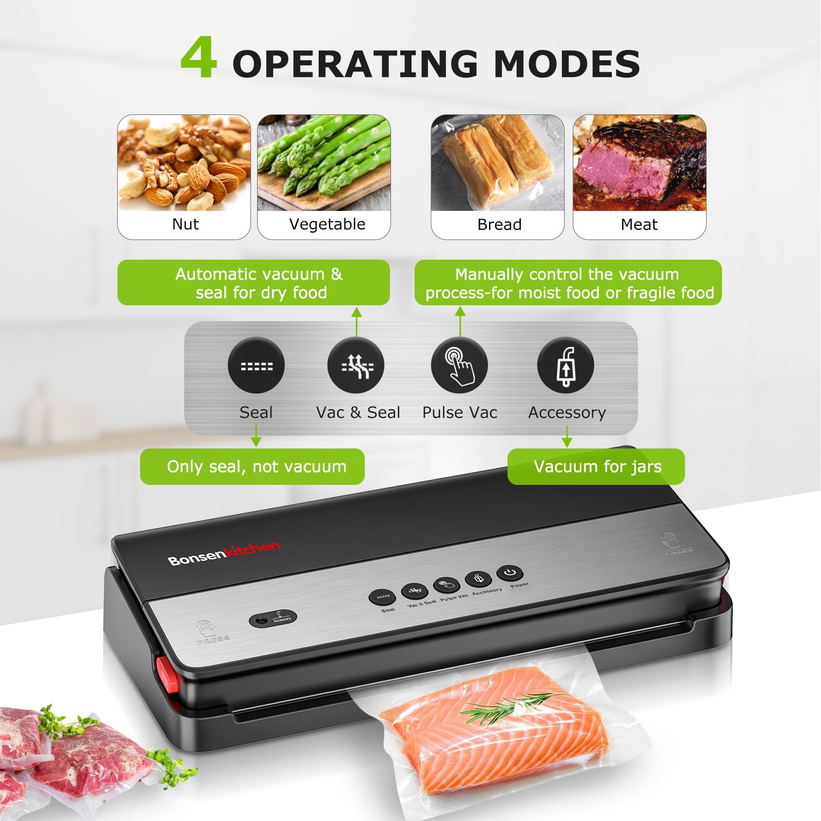 Bonsenkitchen Vacuum Sealer Machine, Multi-Functional, Globefish Technology for High-Speed Continuous Working, Food Vacuum Sealer with 50pcs Vacuum