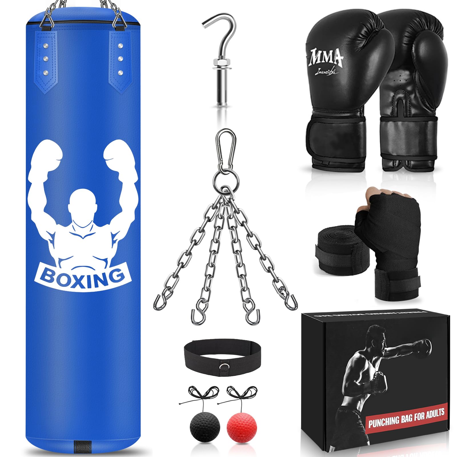 NZQXJXZ Heavy Bag Boxing for Adults, 4FT Boxing Punch Bag, Boxing Training Equipment with Unfilled Kicking Bag, Reflex Ball, MMA Gloves, Wristband,