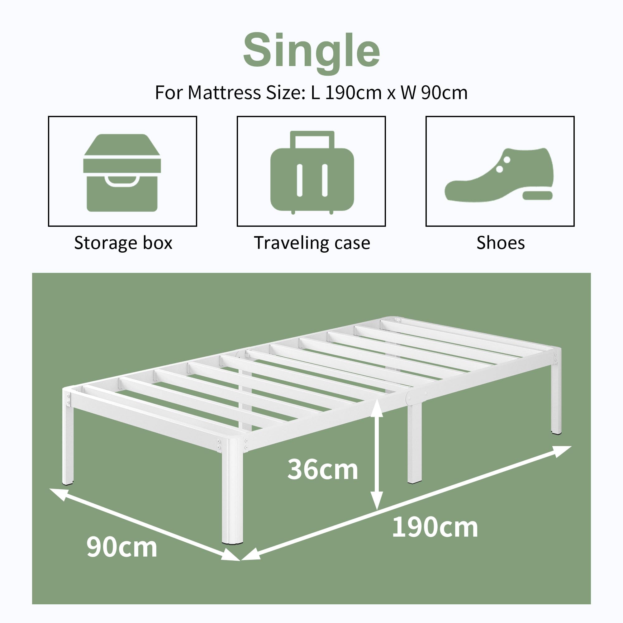 Lutown Teen 3ft Single Bed Frame with Rounded Corner Legs, Heavy Duty White Metal Bed Frame with Steel Slats Support, 36 cm High, Noise Free, Easy