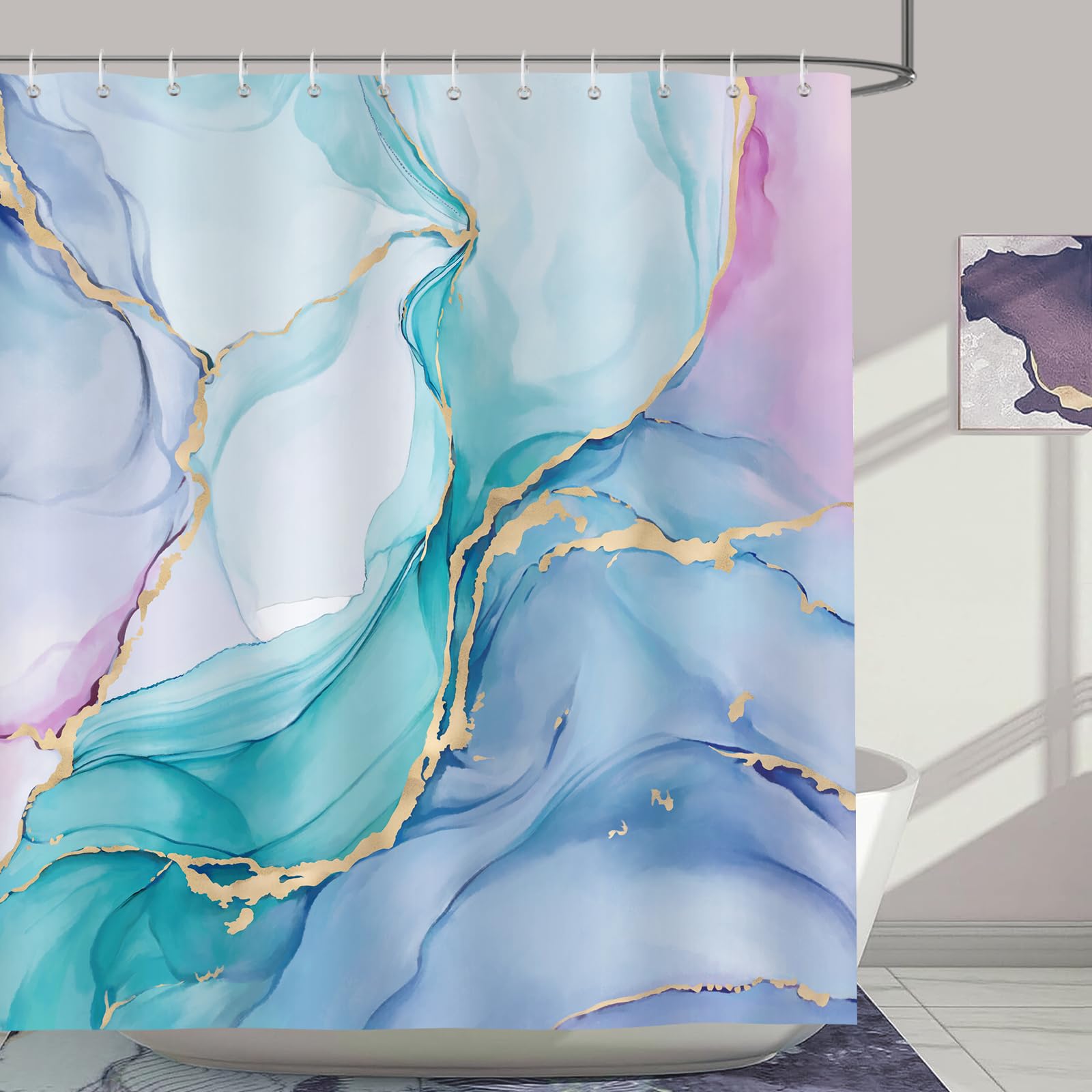 Bonhause Colorful Marble Shower Curtain Pink Purple Blue Turquoise Watercolor Abstract Modern Bathroom Curtain 180 x 180 cm Waterproof Mildew & Mould