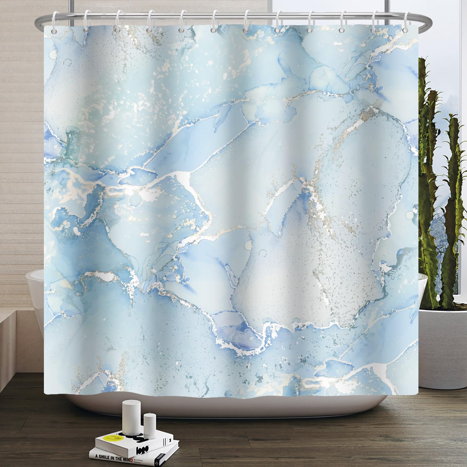 Kzzfqxb 183x183cm Shower Curtains with Plastic Hooks, Waterproof Occluded Light Blue Marble Texture White Silver Sandflow Waterflow Art Pattern for