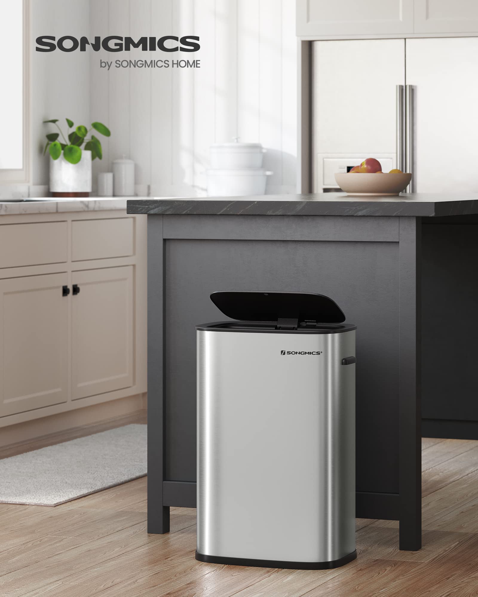 SONGMICS Kitchen Bin 50L, Sensor Bin, Automatic Rubbish Bin with Soft-Close Lid and Bag Retainer Ring, Stainless Steel Waste Bin, 15 Rubbish Bags