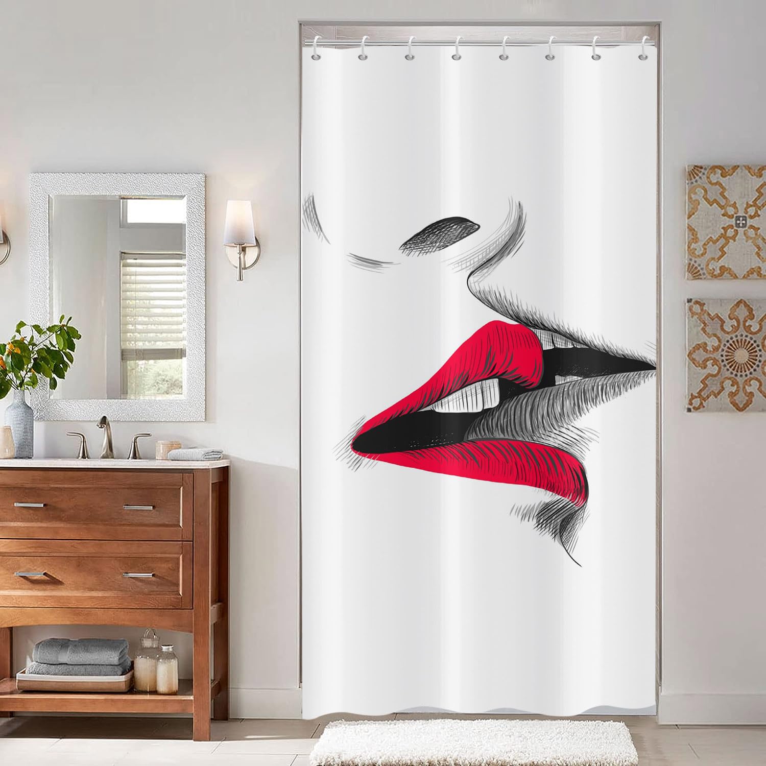 ASDCXZ Narrow Shower Curtain 120x180 cm, Modern Art Sketch Sexy Red Lip Kiss White Bath Washable Narrow Shower Curtains with eyelets Polyester Textile