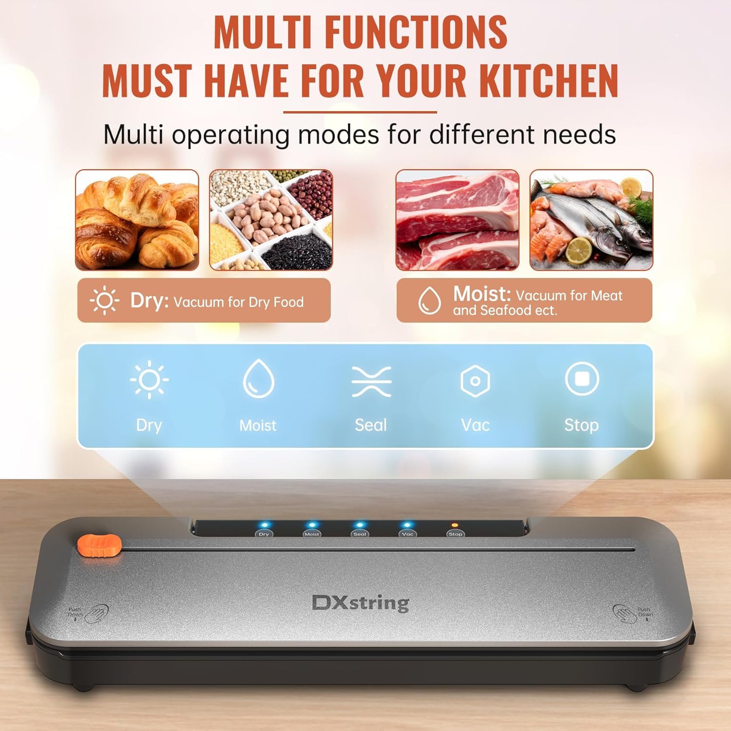 DXstring Vacuum Sealer Machine, Vacuum Sealer for Dry and Moist Food Preservation, Food Vacuum Sealer Machine with 15 Vacuum Sealer Bags and Built-in