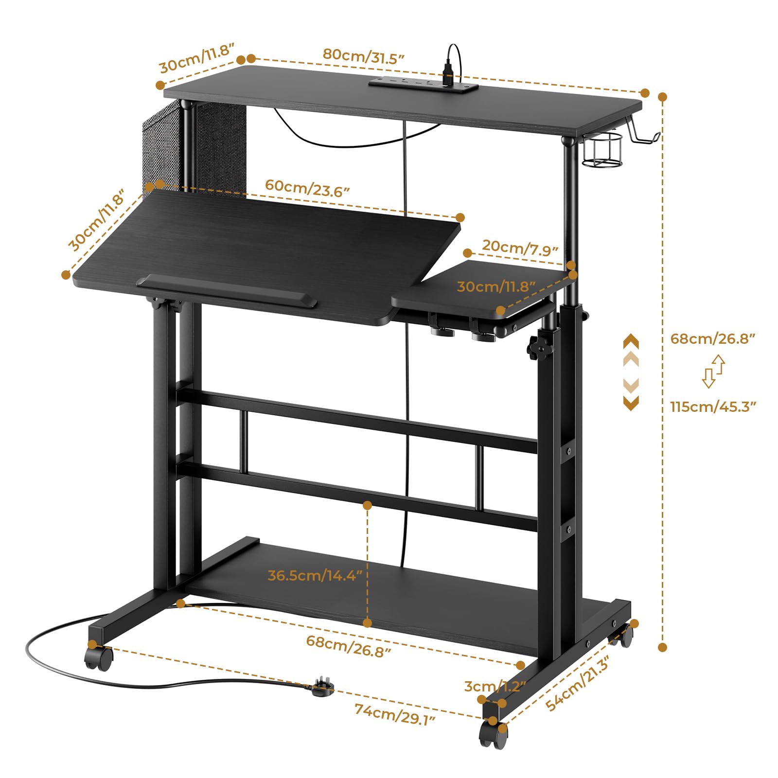Dripex Mobile Standing Desk with Power Outlets & Strip Lights, Height Adjustable Desk With Cup Holder, Hook, Storage Bag, Rolling Sit-Stand Computer