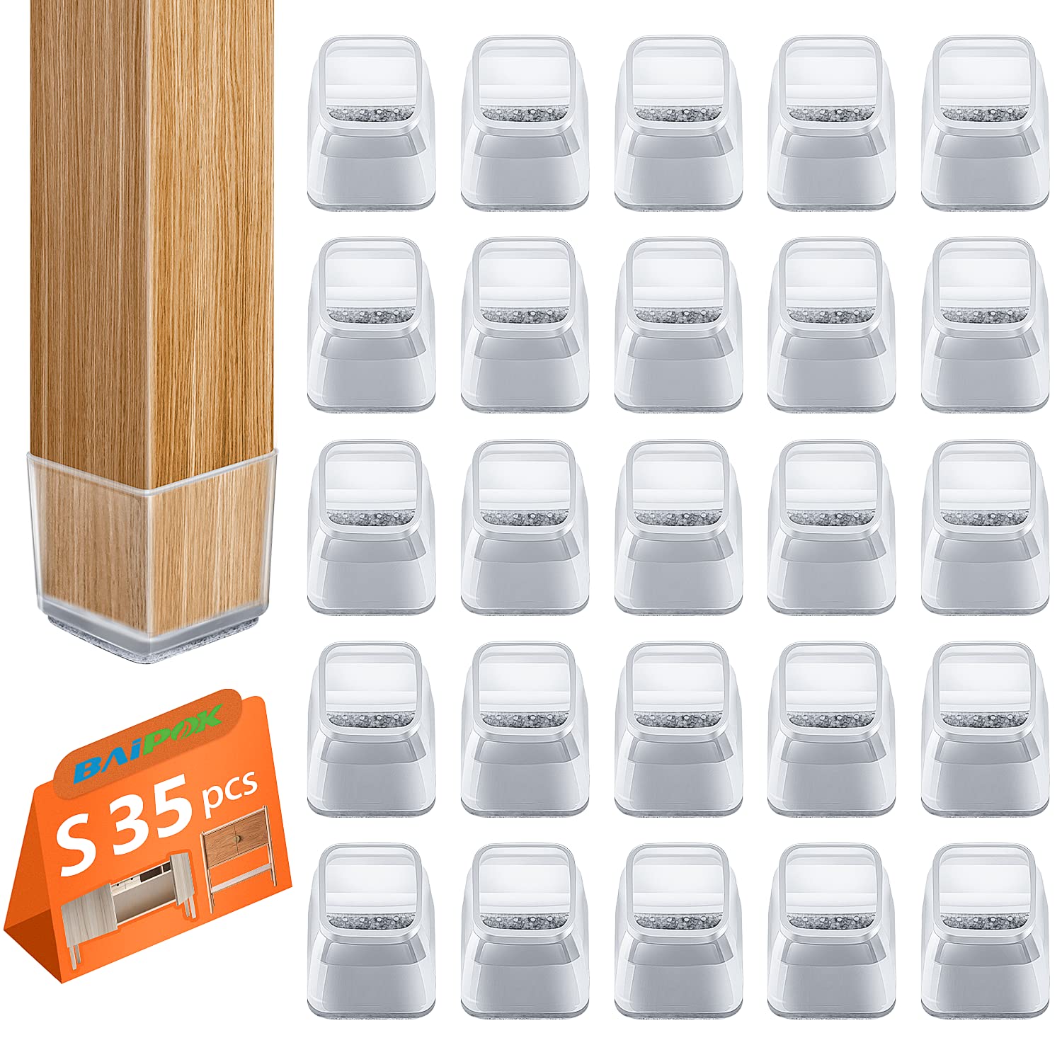 35pcs Square Chair Leg Floor Protectors, Silicon Chair Leg Cover for Hardwood Floors, Rectangle Floor Protectors for Chairs, No Scratches and No